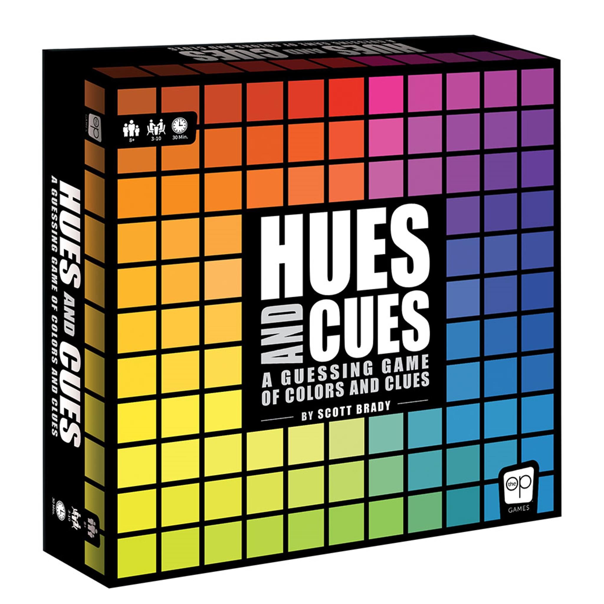 Board game box cover for 'Hues and Cues' featuring a colorful grid design with the game's name and the phrase 'A Guessing Game of Colors and Cues'.