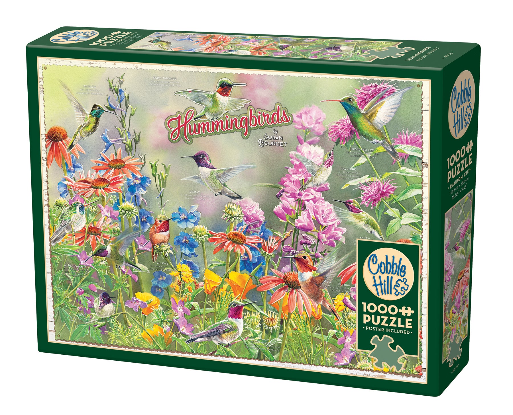 A 1000 piece Cobble Hill puzzle box featuring a vibrant illustration of hummingbirds and colorful flowers.