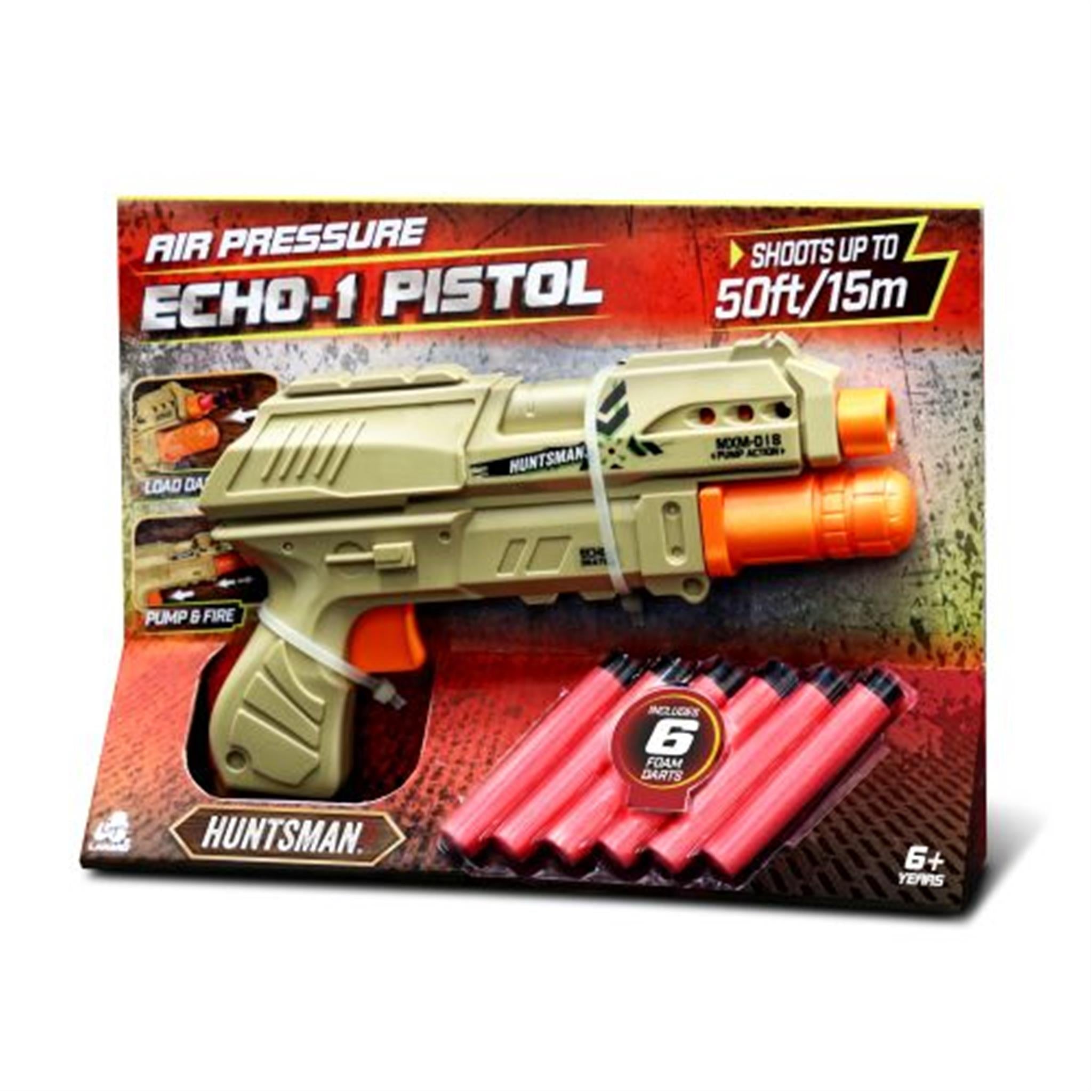 Packaging for the Huntsman Alpha Echo 1 toy gun, featuring the gun in beige color with orange accents, and six red foam darts.