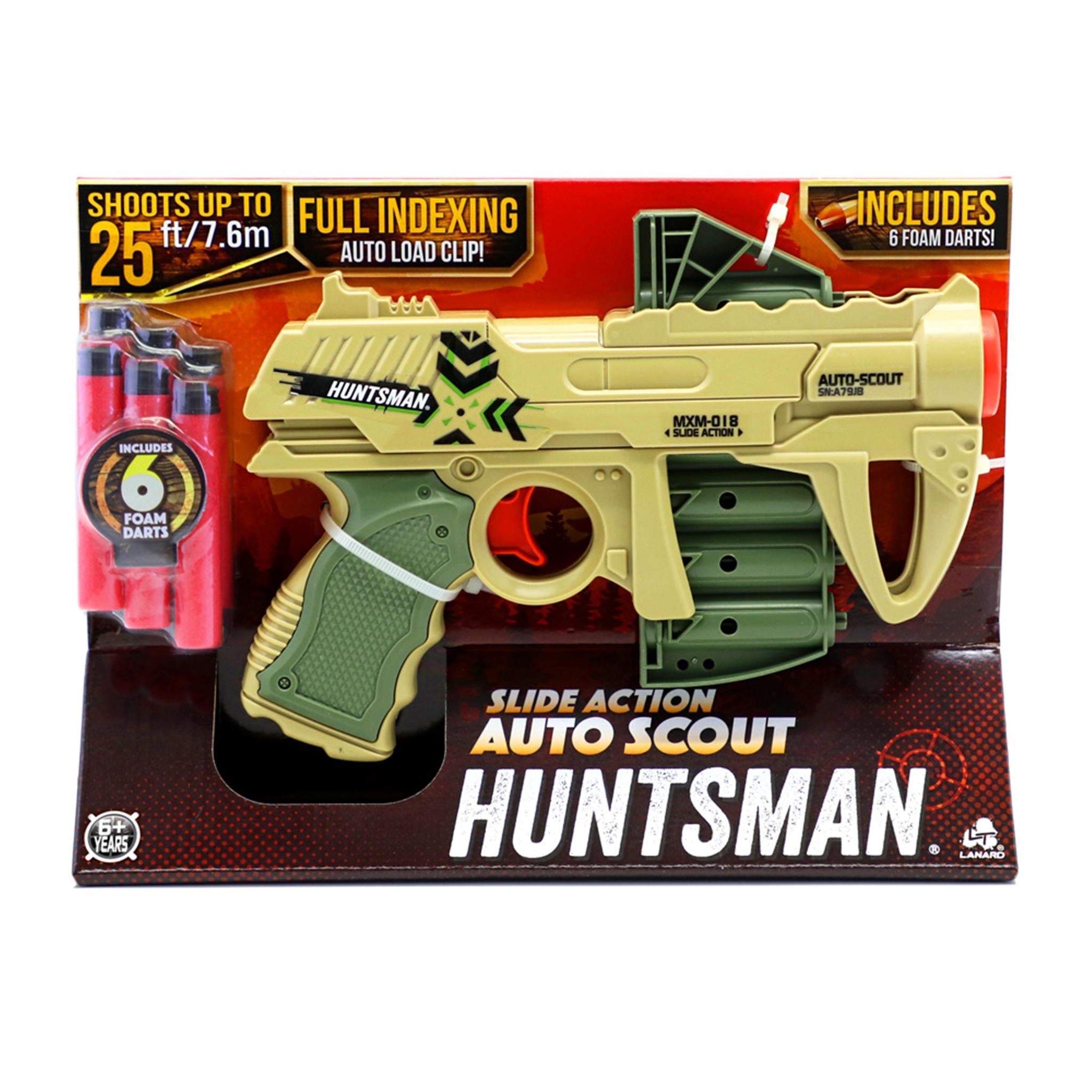 A toy gun called 'Huntsman Auto Scout Blaster' with a camouflage pattern, packaged with foam darts and shown with a full loading clip.