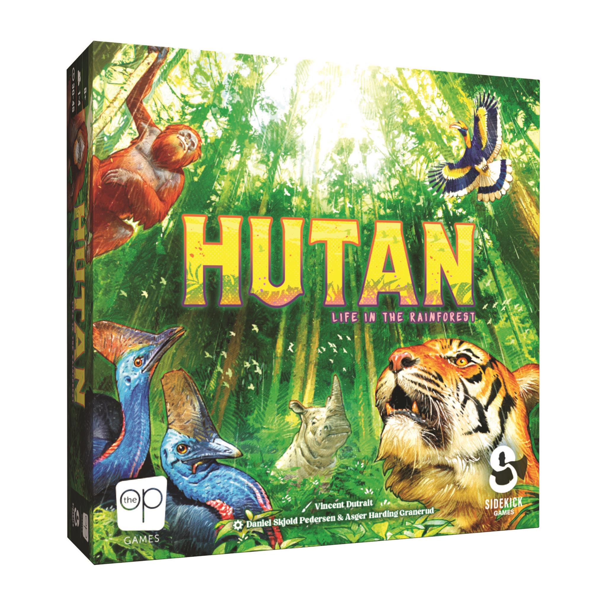 Boxed game packaging in a jungle setting with animals and birds. Yellow title HUTA: Life in the Rainforest