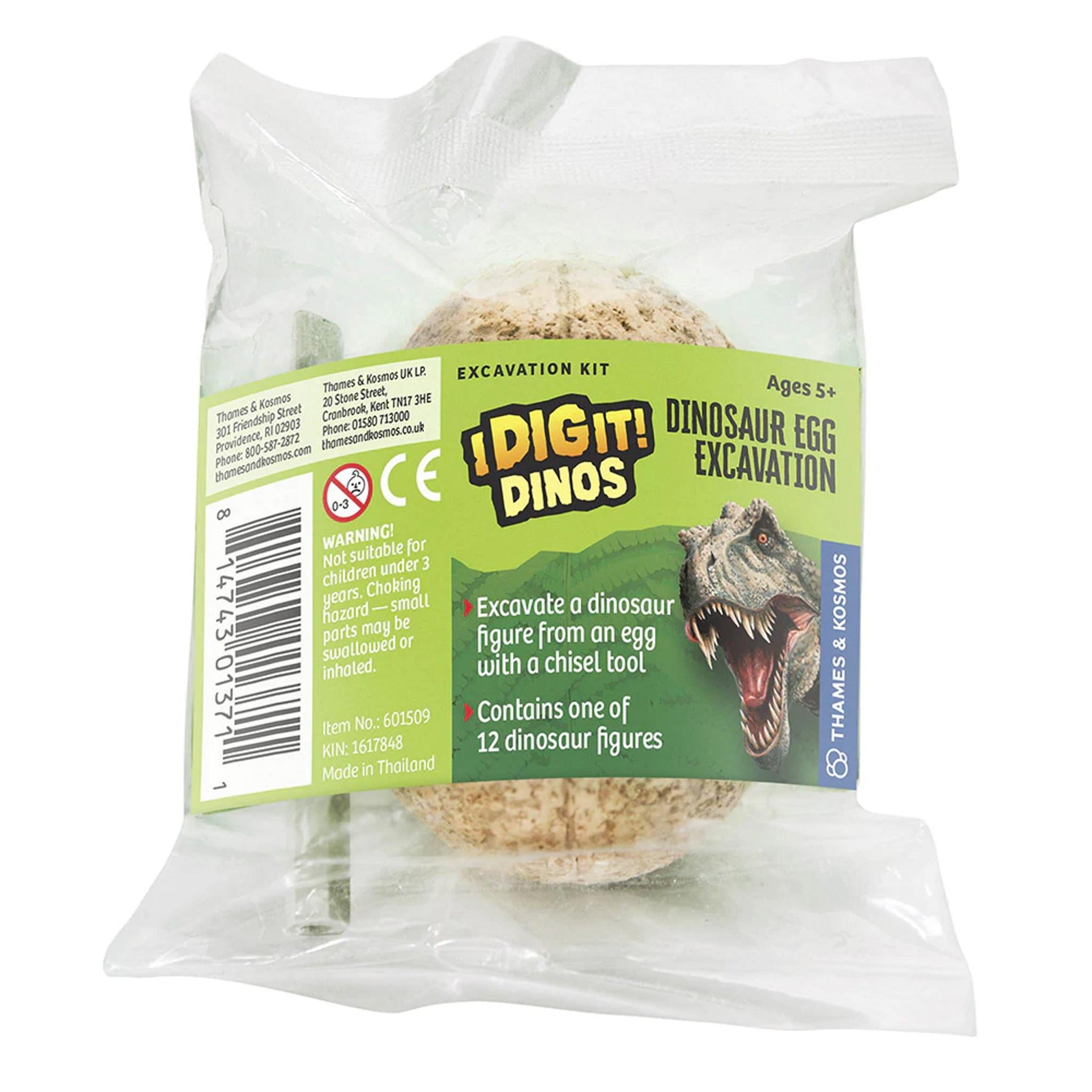 Packaged dino egg excavation kit with a label showing the product name and age recommendation, enclosed in a clear plastic bag.