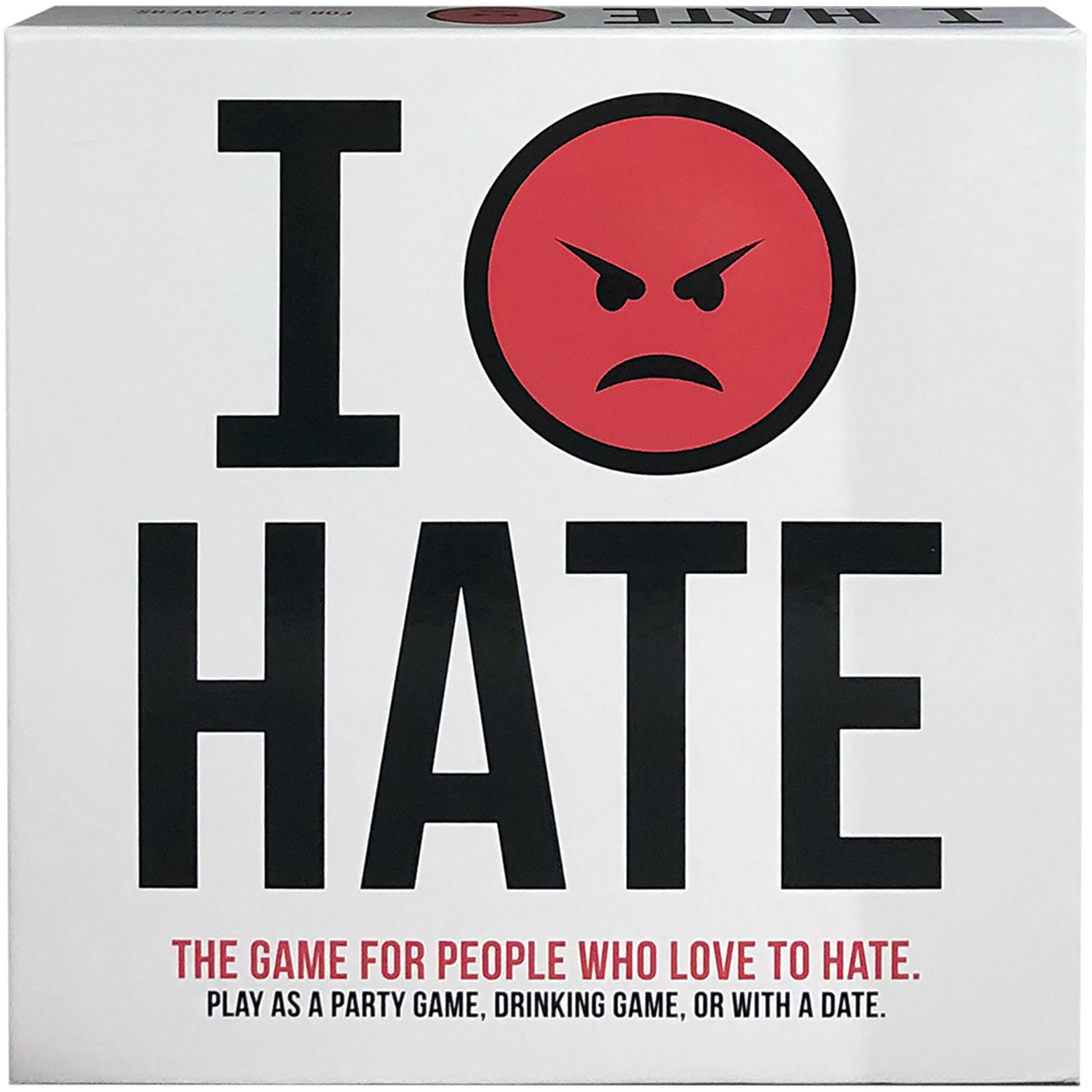 The product image shows the packaging of a party game called 'I Hate'. The box is white with the name of the game in large black letters and a red angry cartoon face symbolizing the theme of hating.
