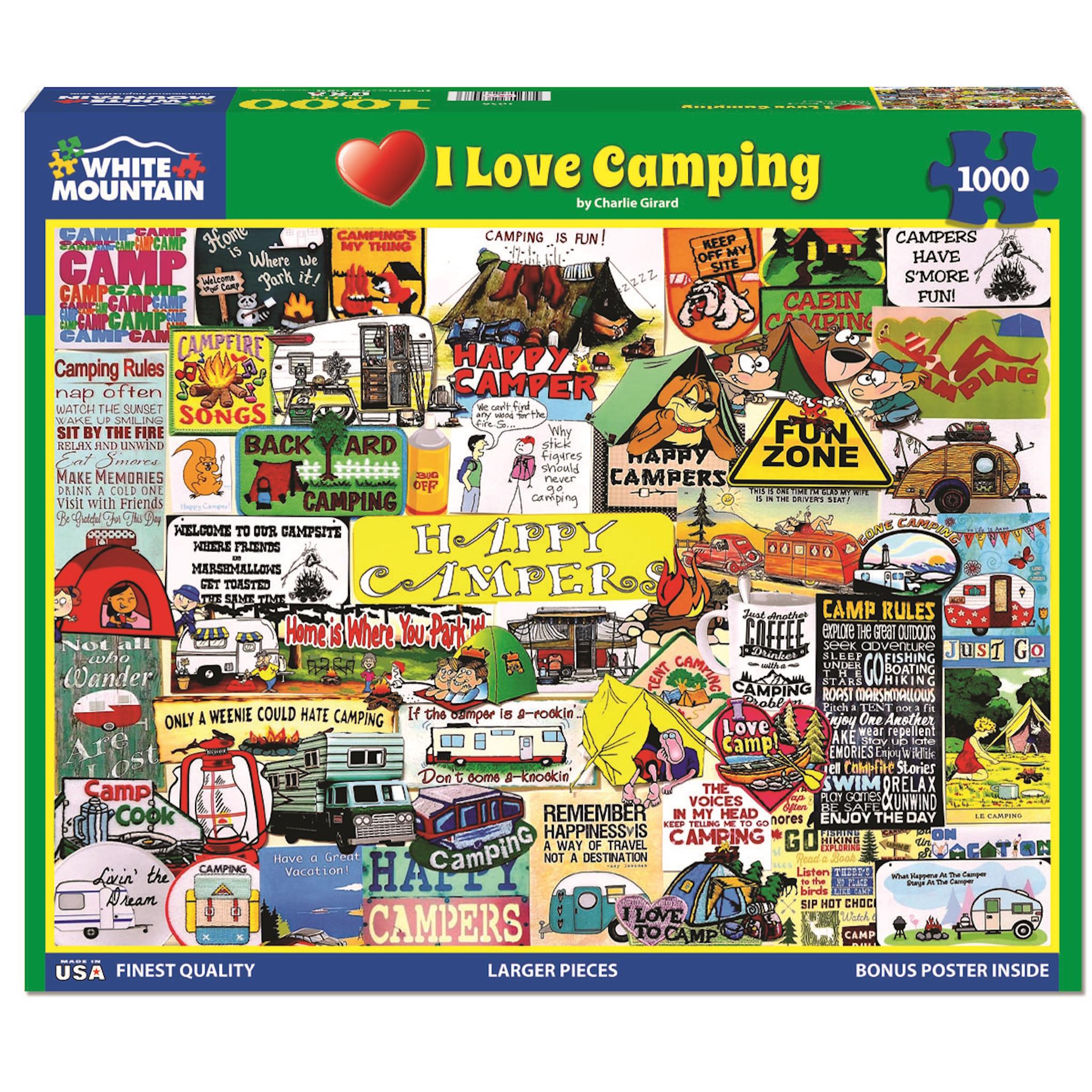 A puzzle box with the title 'I Love Camping' featuring various playful and nostalgic camping-themed illustrations such as a camper, tent, and outdoor symbols, with a green background.
