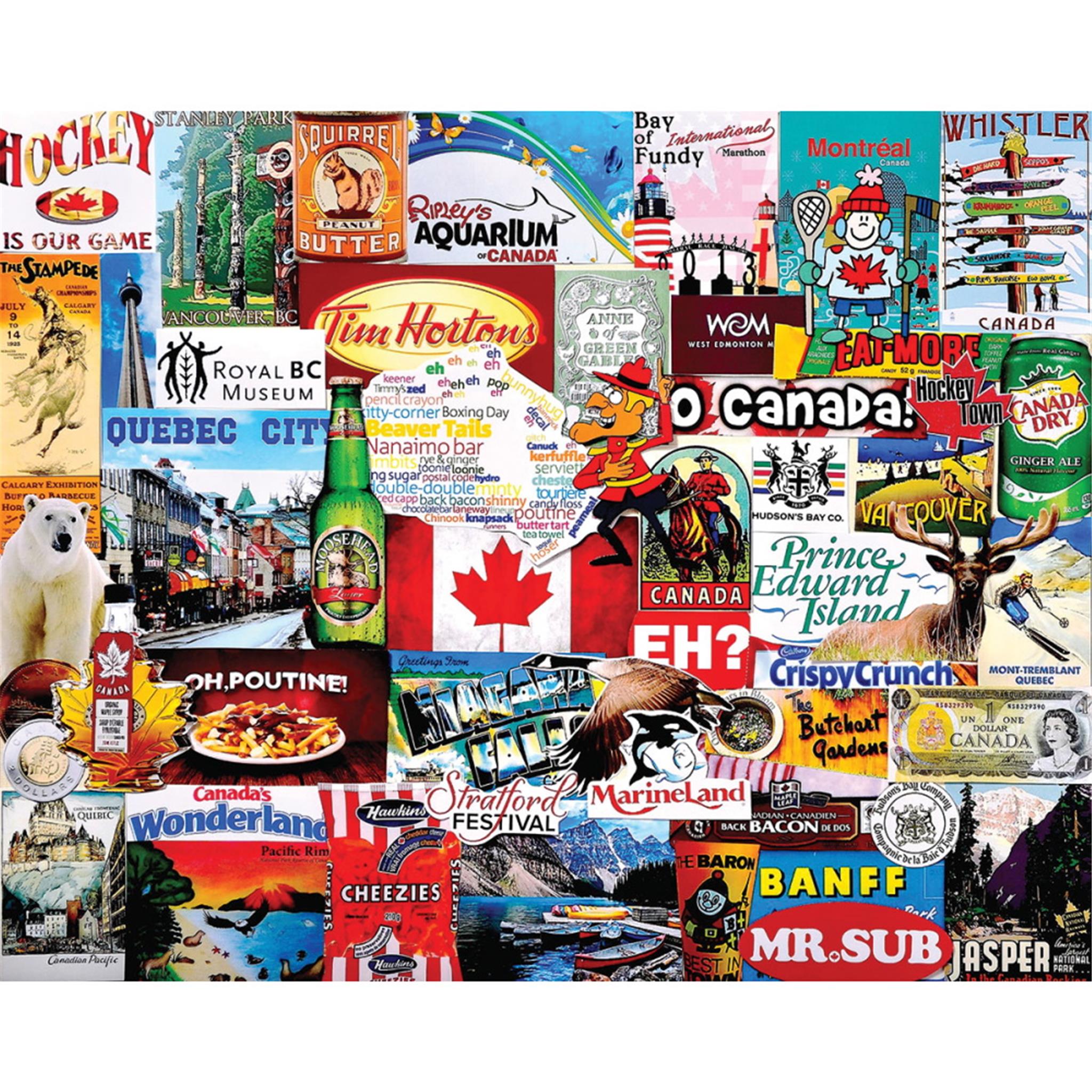 A jigsaw puzzle with variouscl hints of Canadian culture and geography, including the maple leaf, hockey, and iconic landscapes.