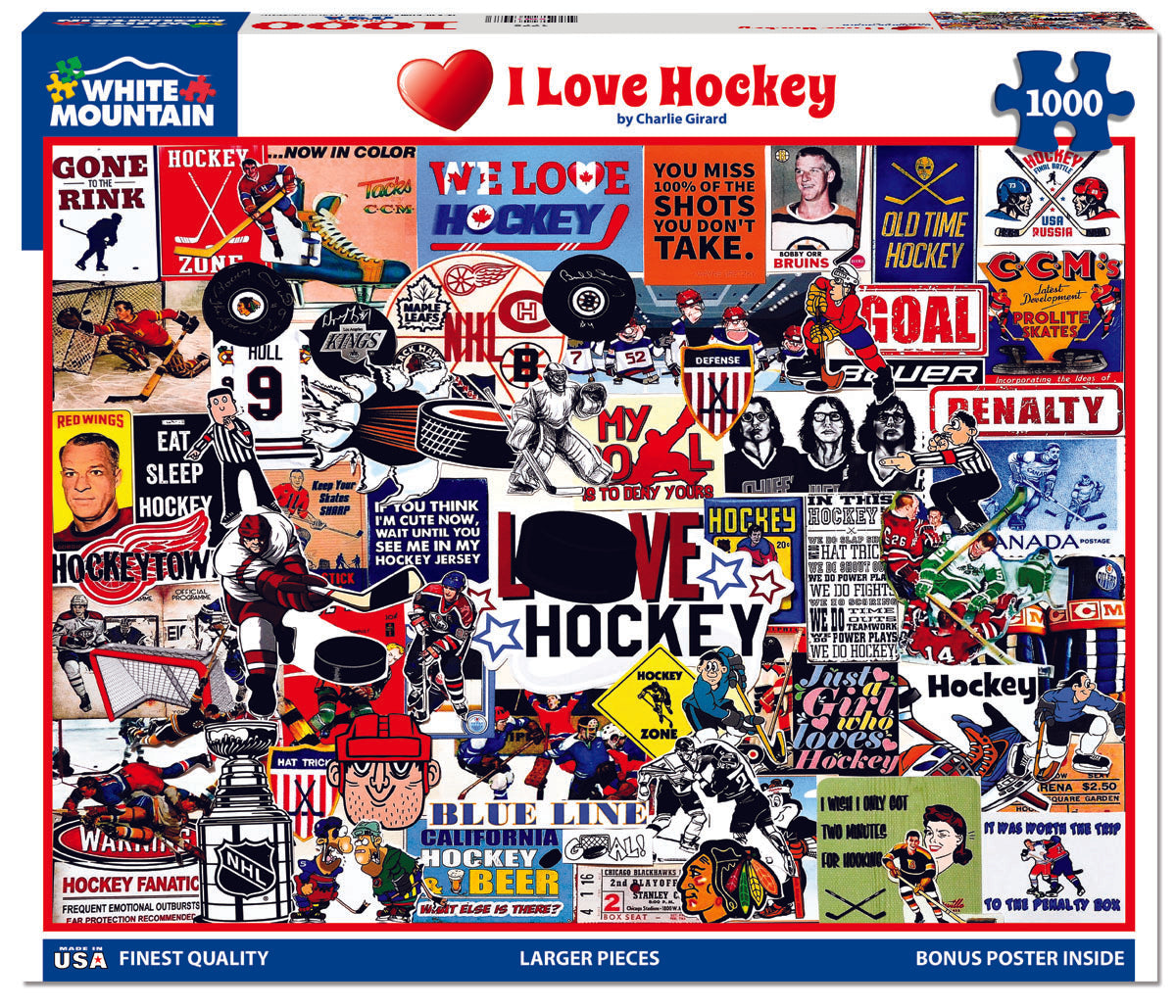 A 1000 piece jigsaw puzzle with various hockey-themed images and text, titled 'I Love Hockey' by artist Charlie Girard.