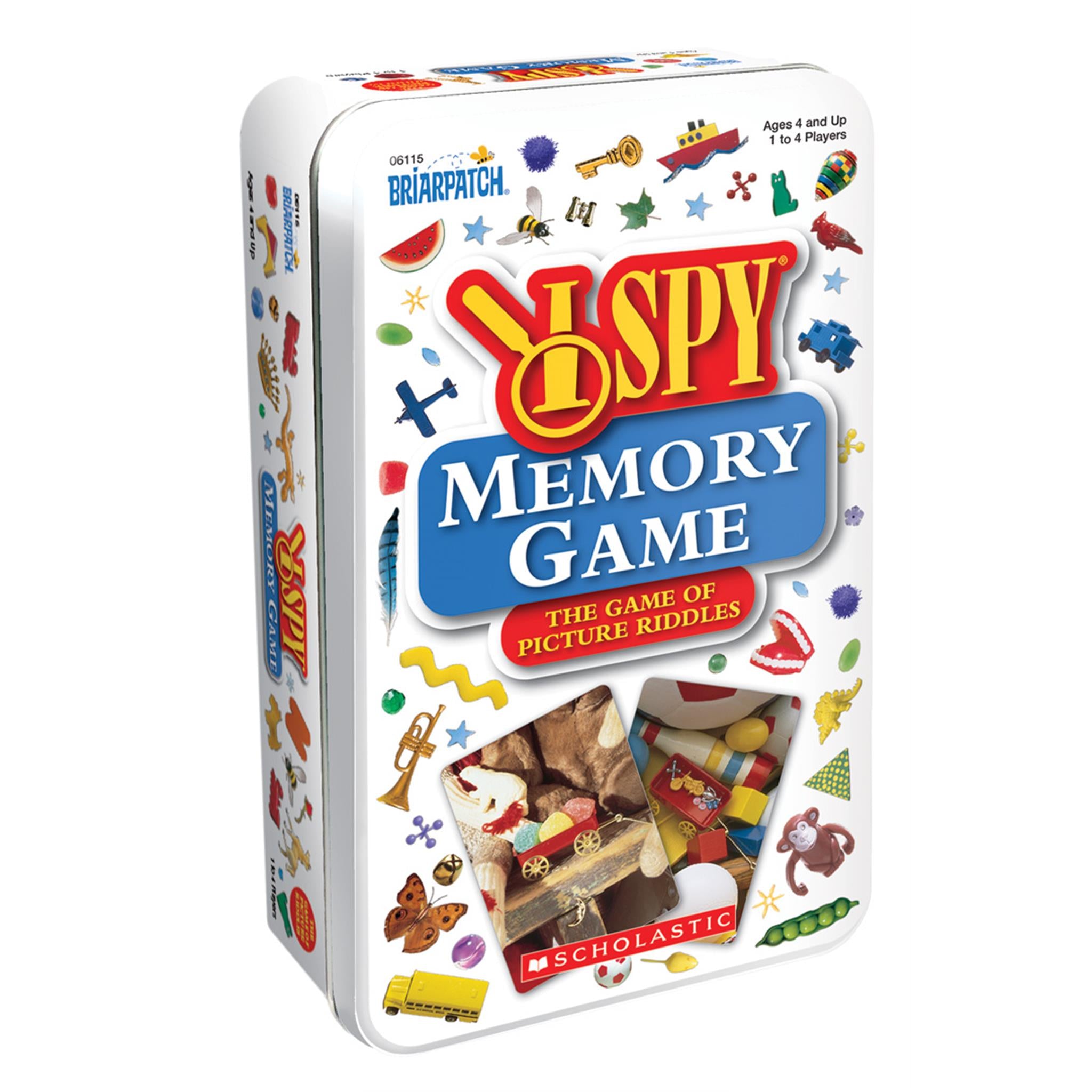 A packaged 'I Spy Memory Game' in a tin box with illustrations of various objects and the game's title on the cover.