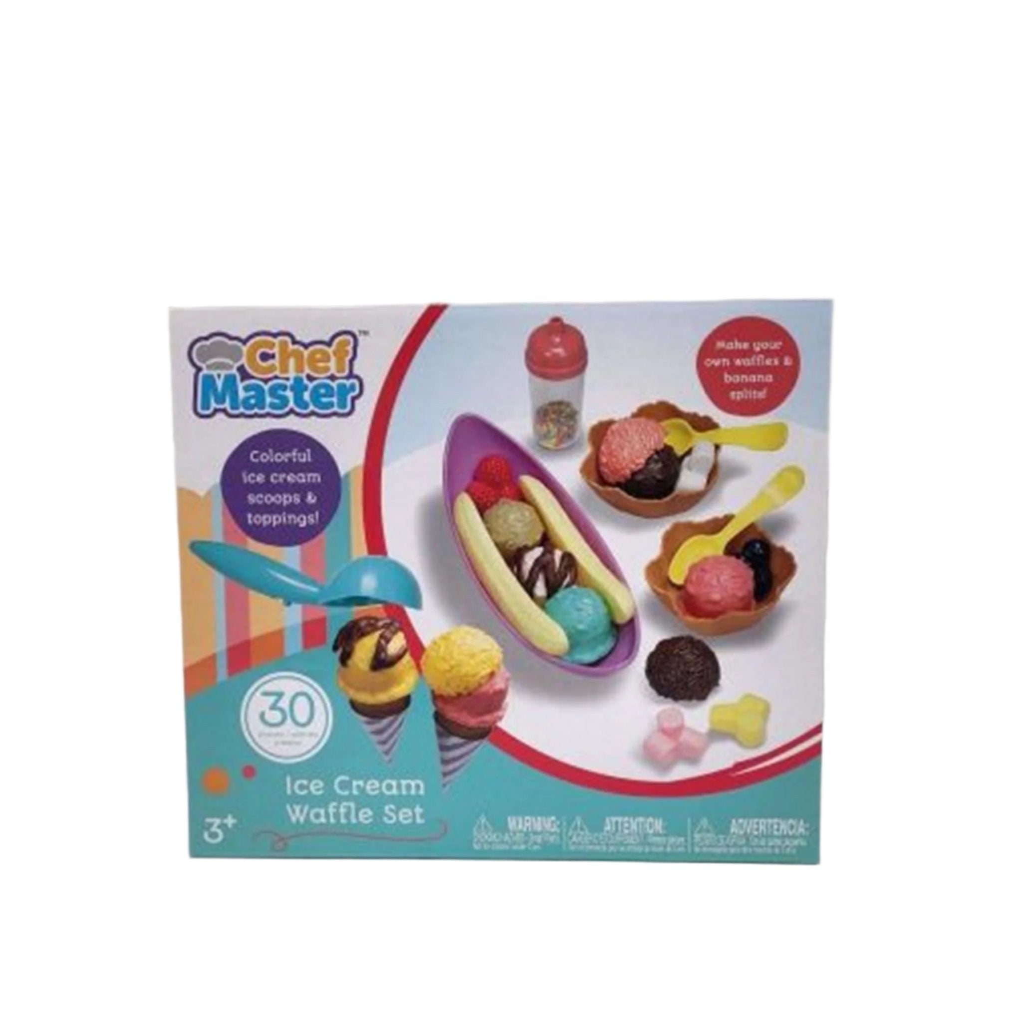 Packaging for Chef Master Ice Cream Waffle Set featuring play food items such as scoops, cones, and toppings.