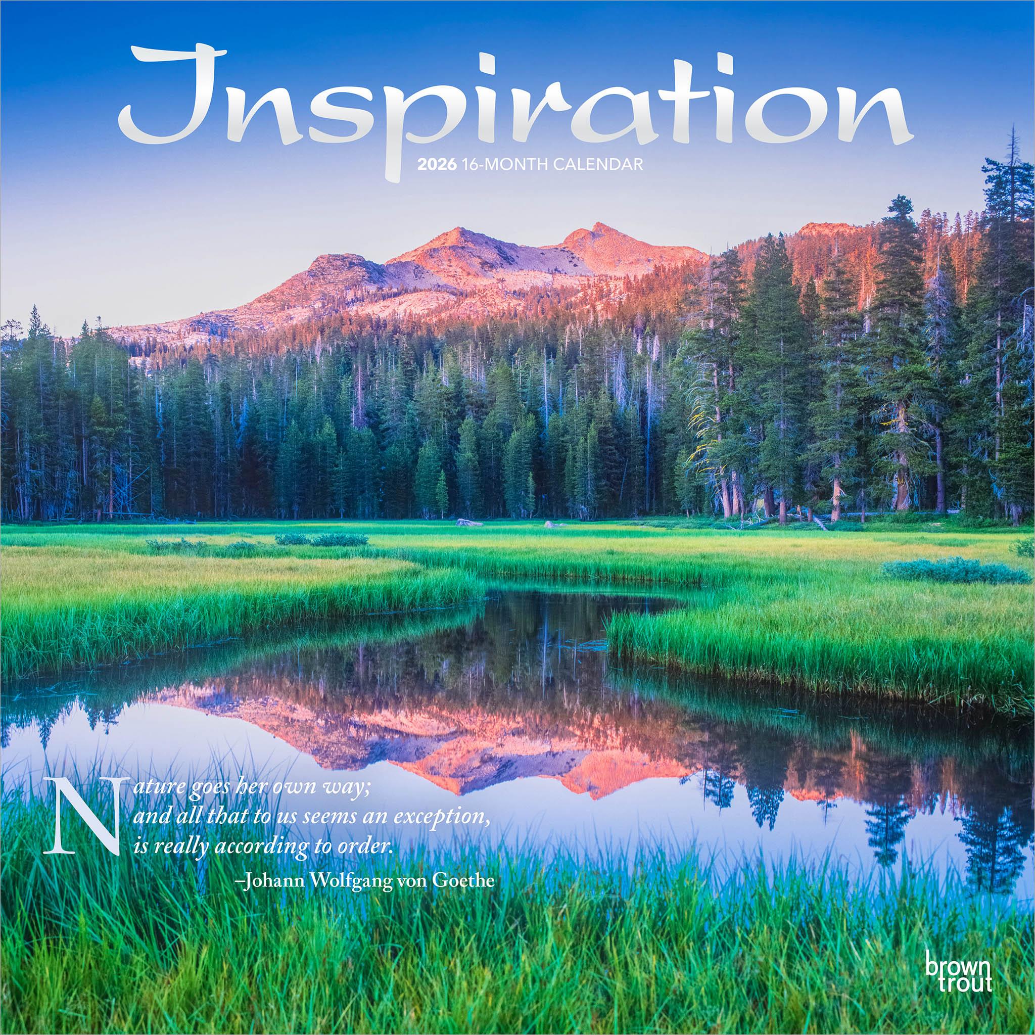 Cover of the 'Inspiration 2026 Wall Calendar' featuring a beautiful landscape with trees and mountains reflecting in a still body of water, with a quote by Johann Wolfgang von Goethe.