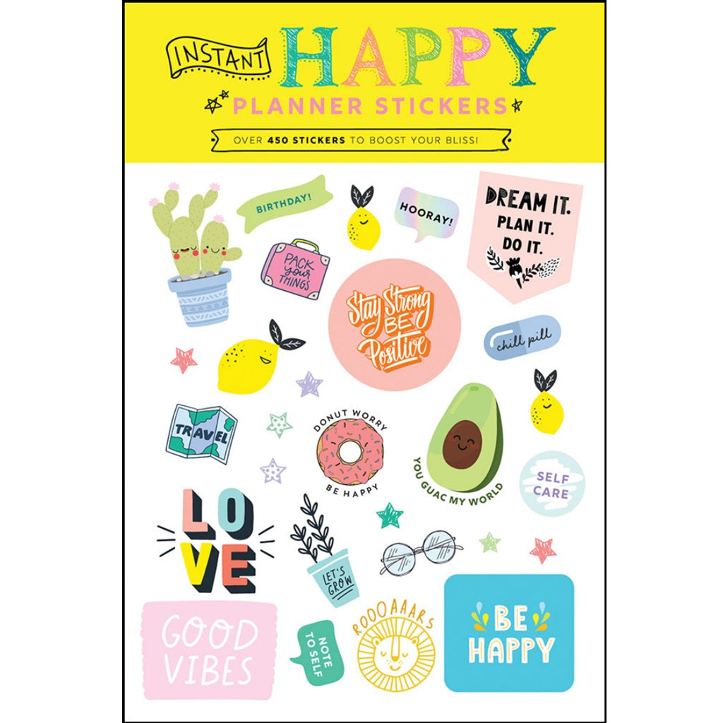 A package of 'Instant Happy Planner Stickers' featuring a variety of colorful, playful stickers with motivational phrases and illustrations such as a cactus, fruits, and words like 'LOVE' and 'GOOD VIBES'.