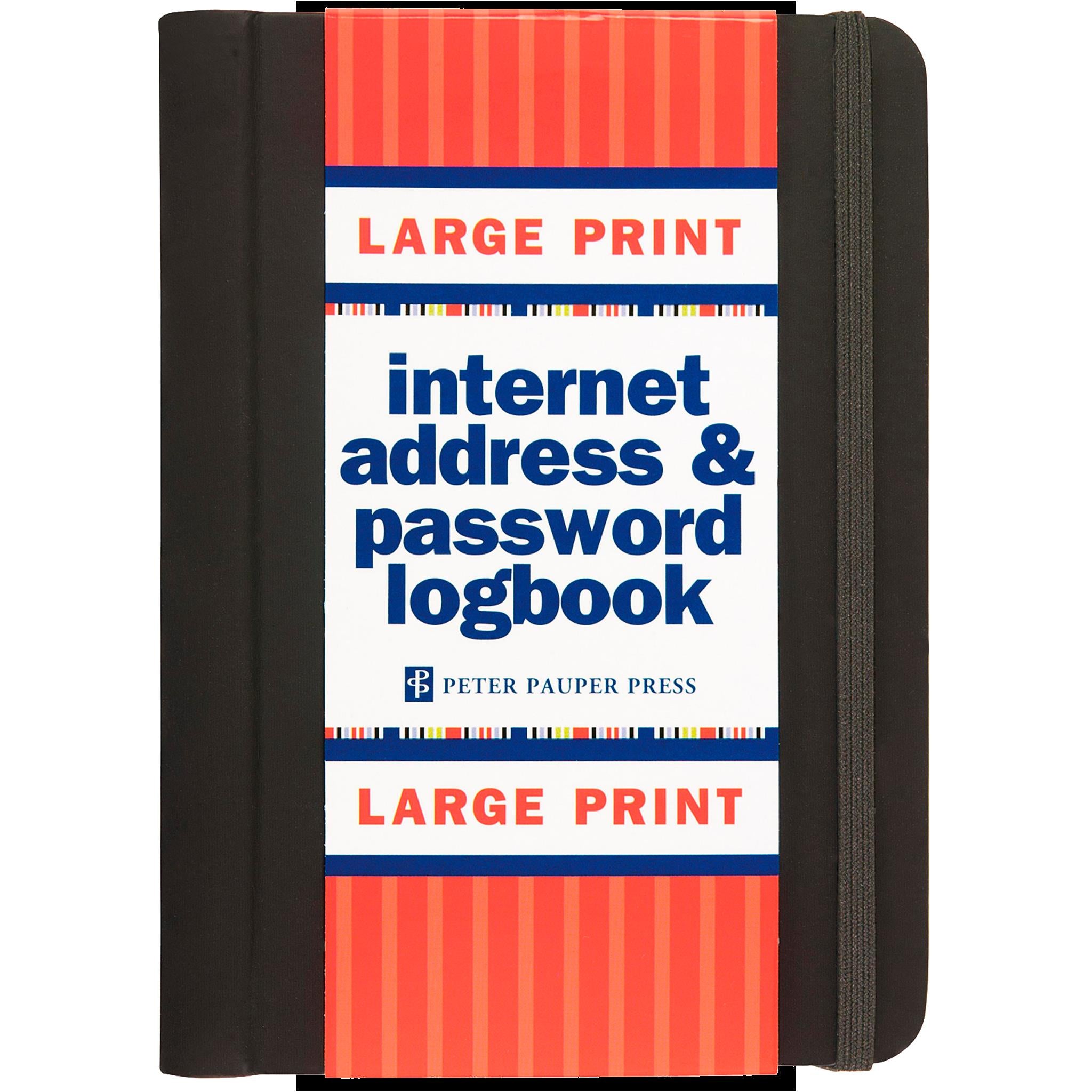 A closed large print internet address and password logbook with a black cover and orange spine, featuring text and the name of the publisher, Peter Pauper Press.