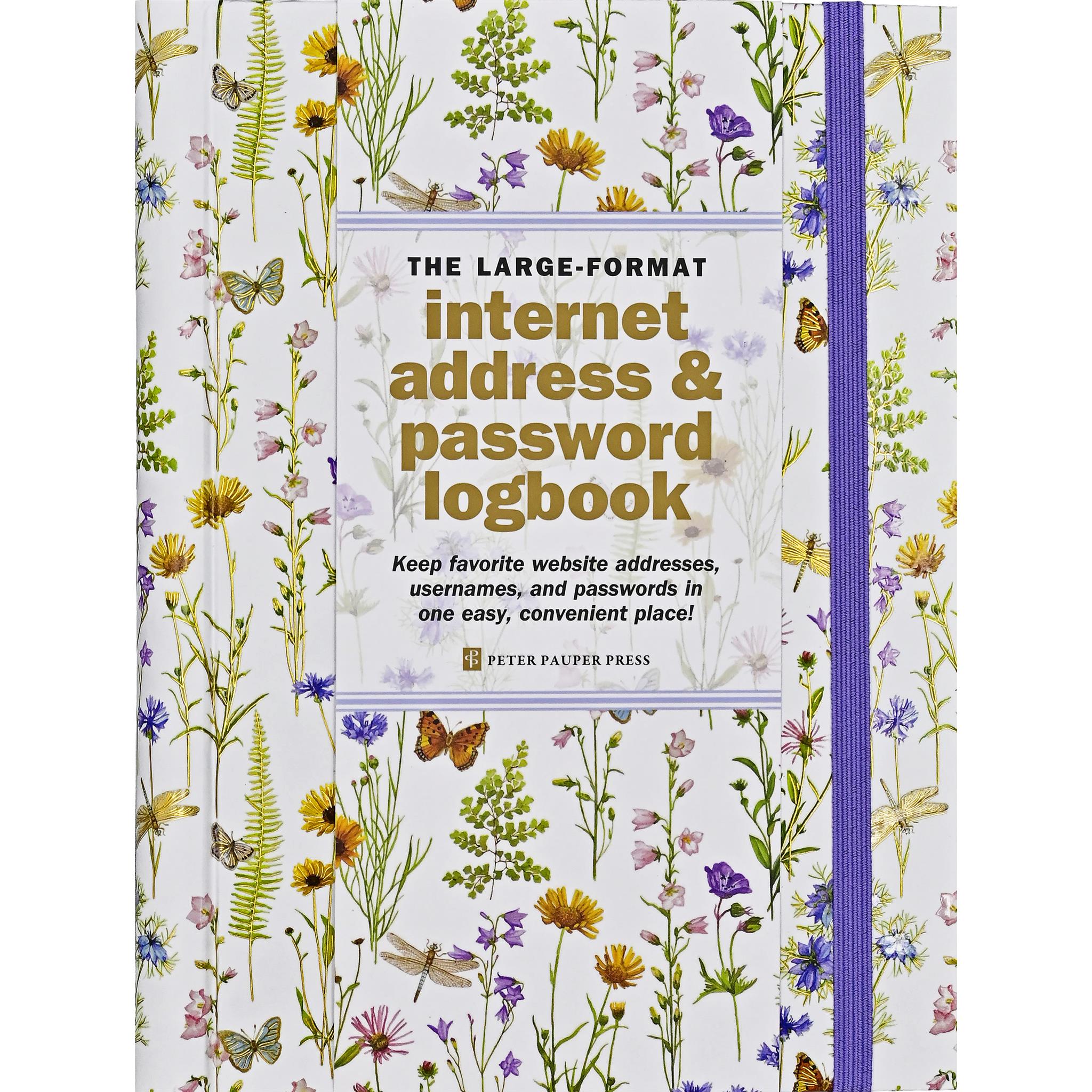 Cover of 'The Large-Format Internet Address & Password Logbook' with a floral pattern and a purple bookmark.