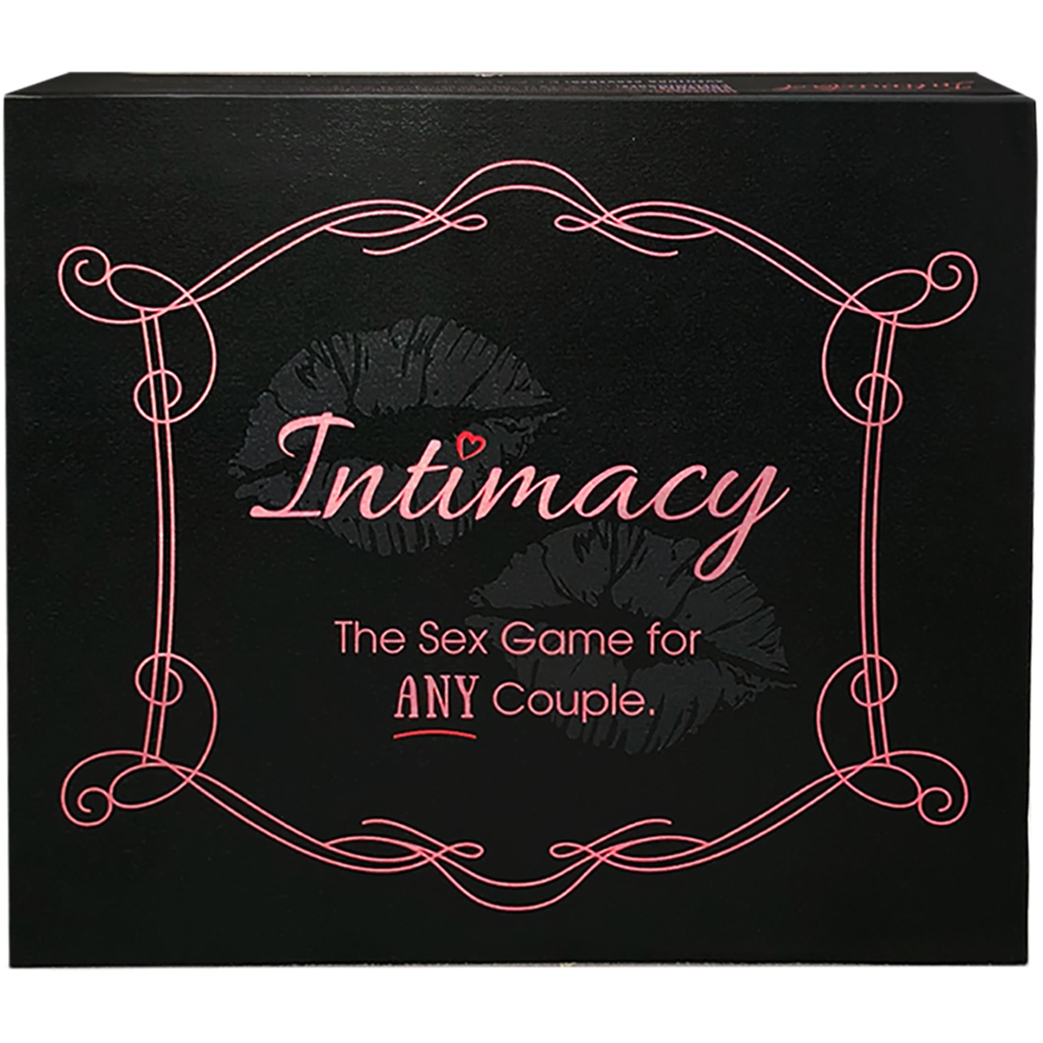 The product image shows the packaging of the Intimacy board game, which is black with pink text and decorative borders.