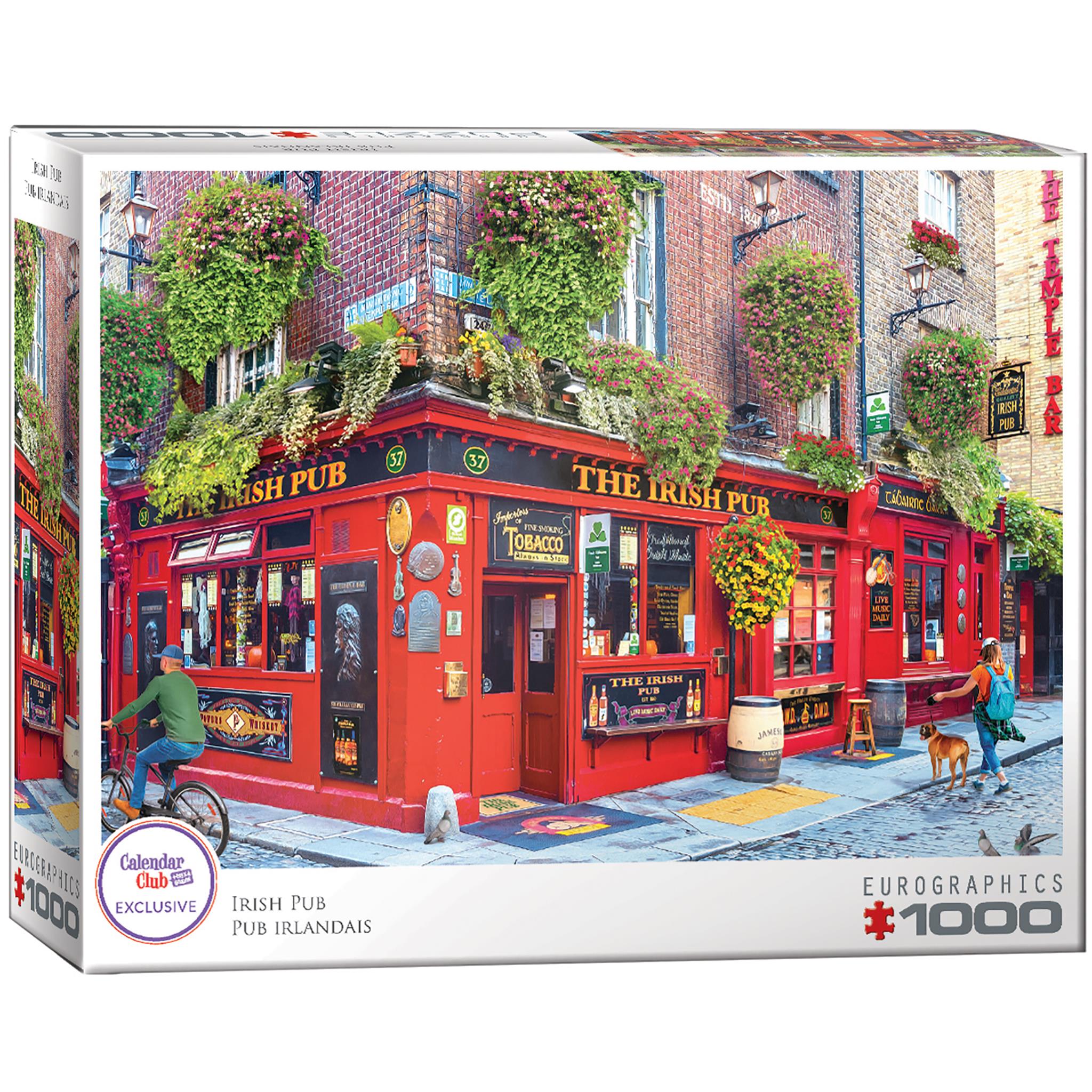 A 1000 piece jigsaw puzzle depicting a vibrant Irish pub scene, with a red building, people, and a dog.