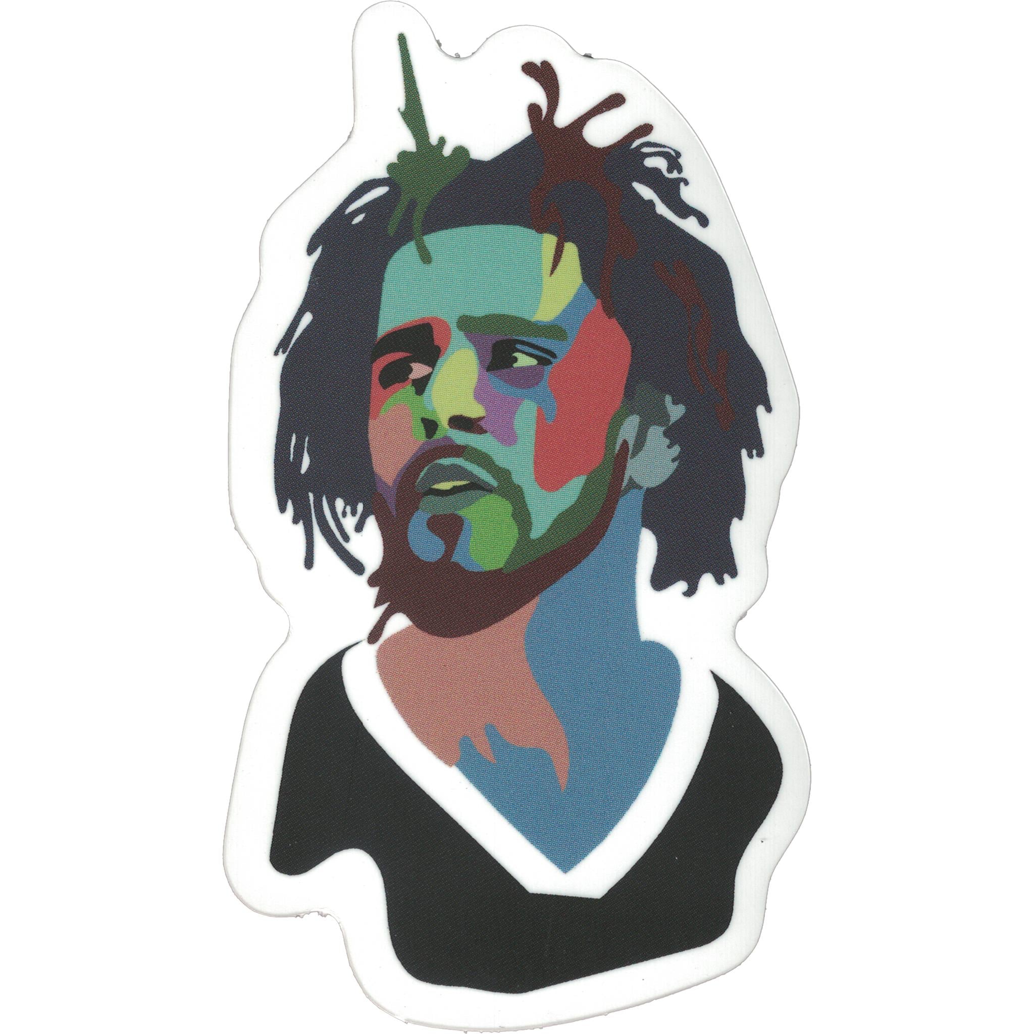 A vinyl sticker featuring a colorful illustration of a person with a beard and long hair, wearing a black and white top.