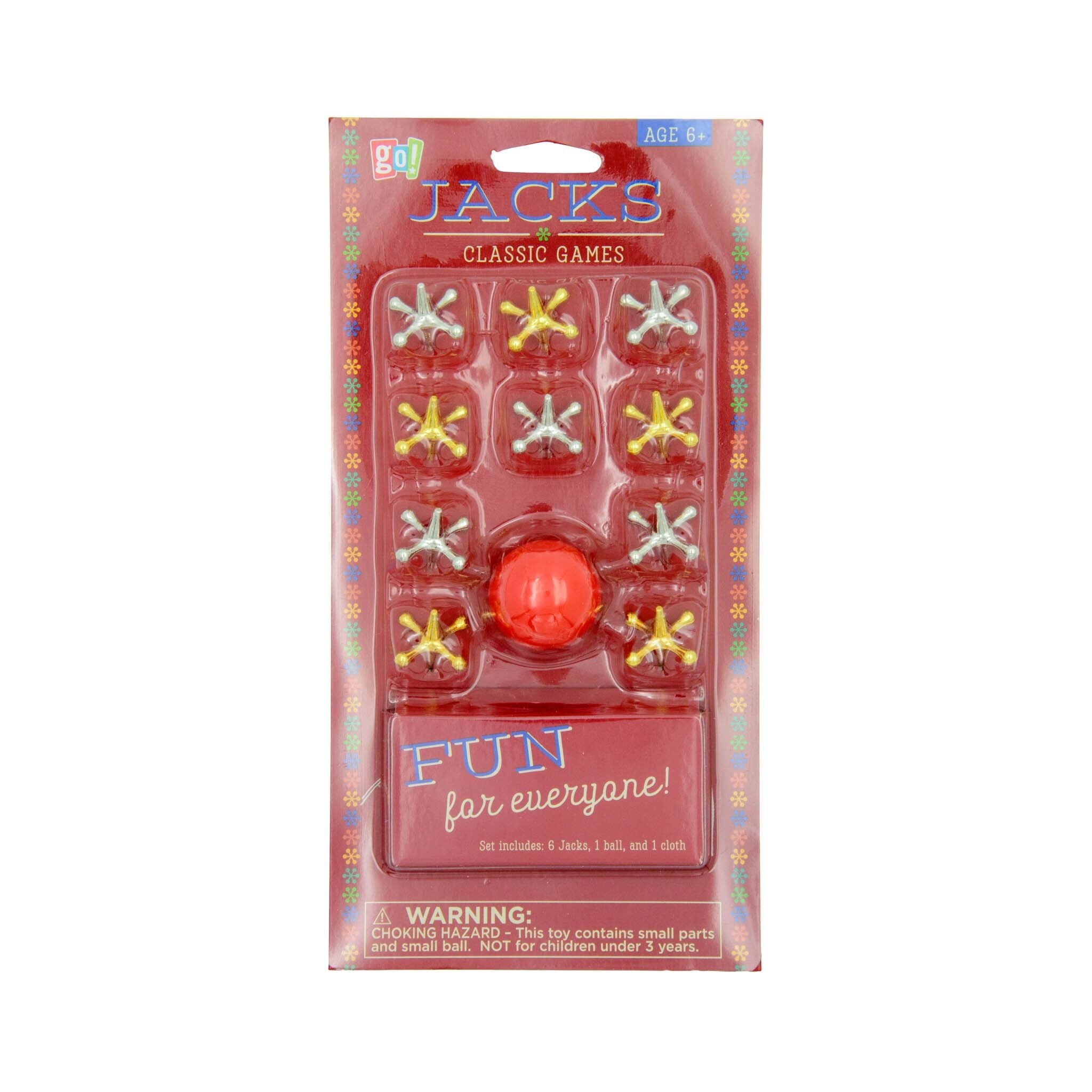 A package of a Jacks ball set containing 10 jacks and a ball for a classic children's playground game, displayed against a red background.