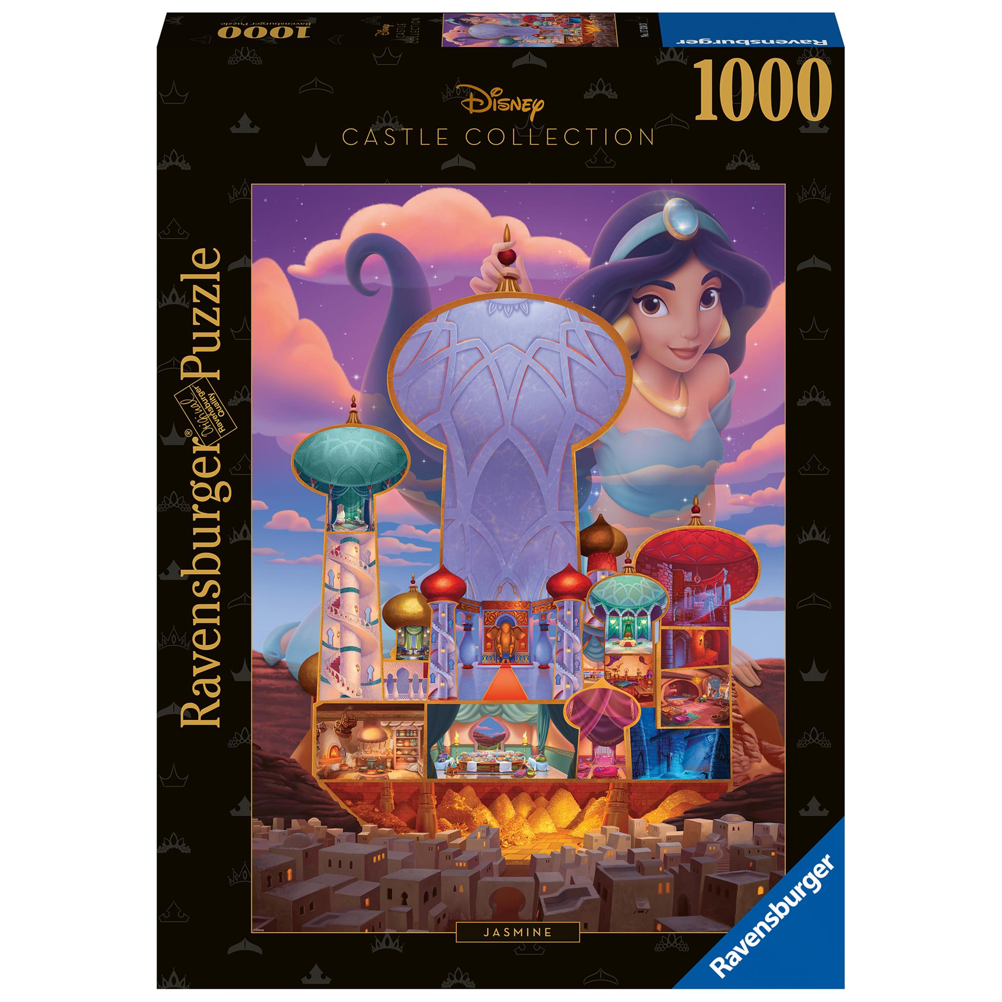 A 1000-piece Ravensburger jigsaw puzzle box featuring a cartoon illustration of Disney's Jasmine character with a magic lamp and Agrabah castle in the background.