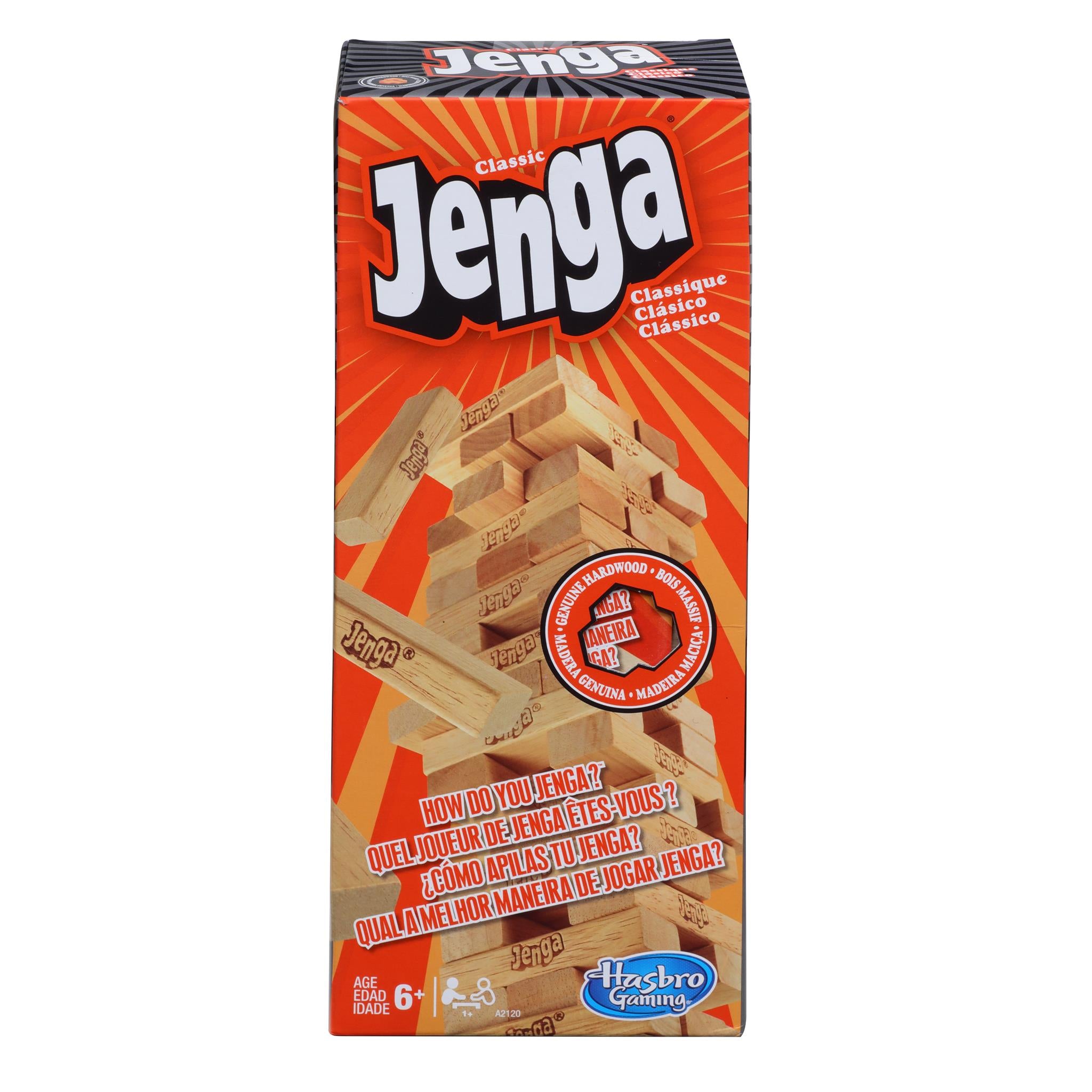 Jenga game packaging featuring the game name and an image of wooden blocks stacked together, indicating the game of stacking and removing blocks without toppling the tower.