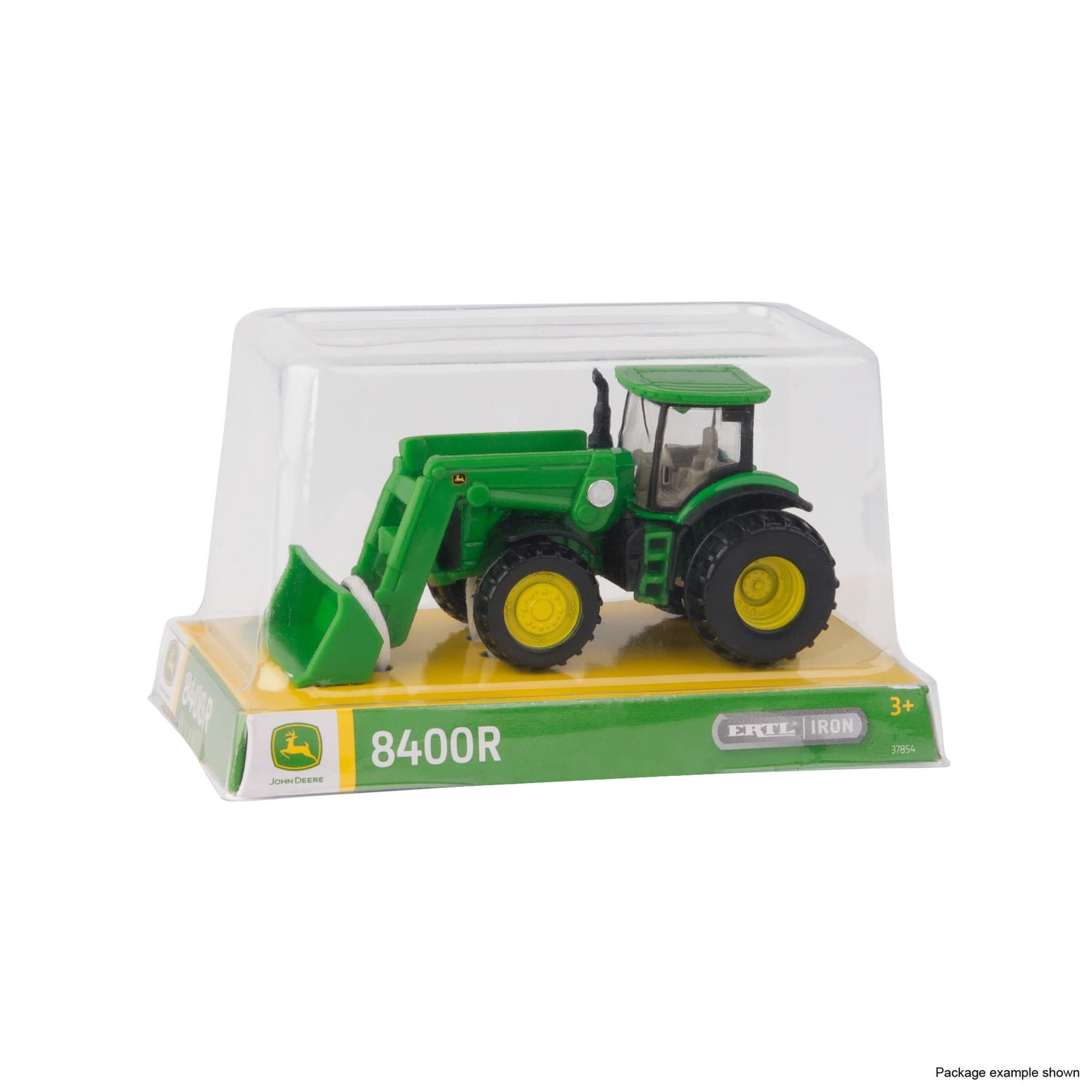 A John Deere Ertl Iron tractor toy in green color, packaged in a clear plastic display case with a yellow base, labeled '8400R' and '1:32 scale'.
