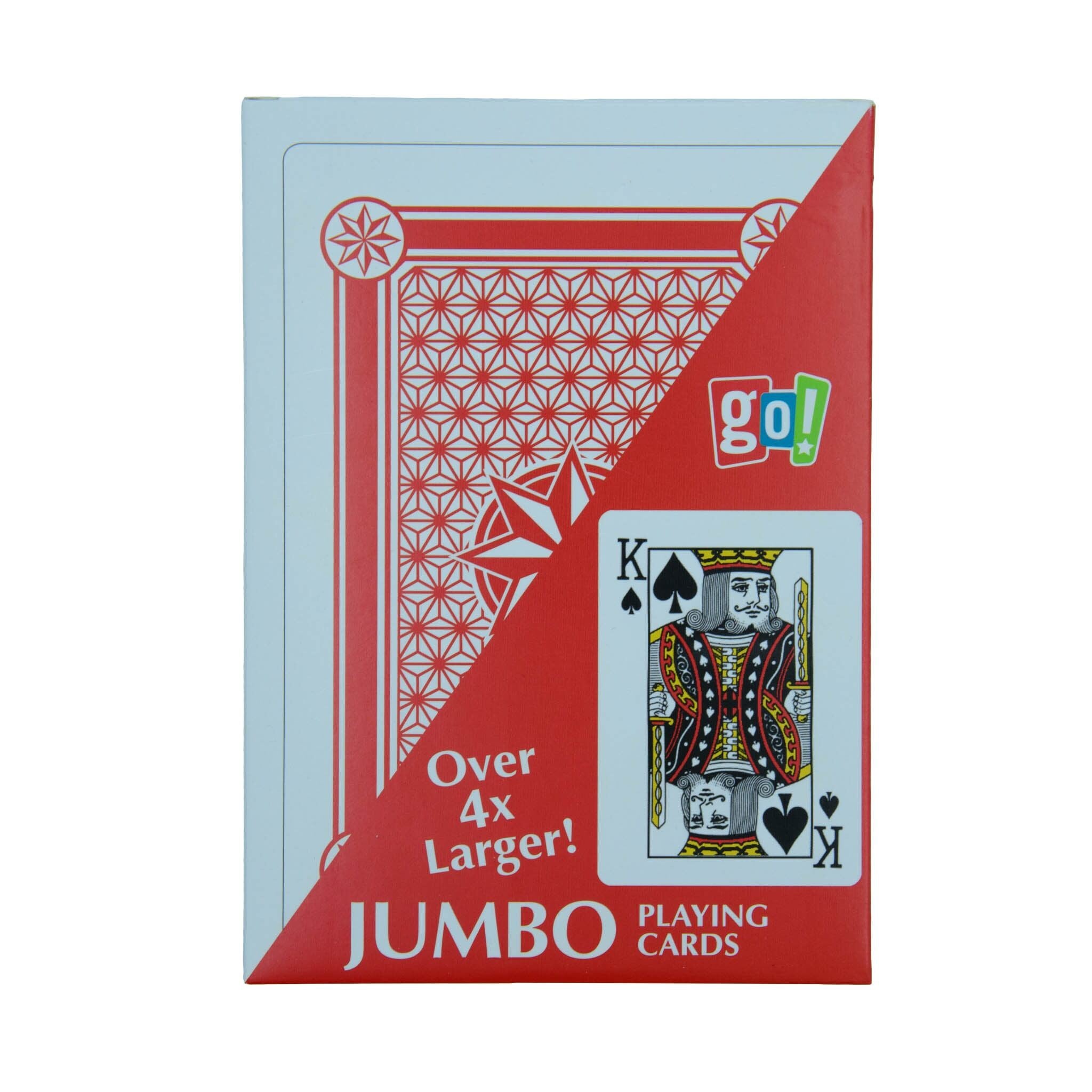 A pack of Jumbo Playing Cards with the king of spades visible on the front, labeled as over 4x larger than standard playing cards.