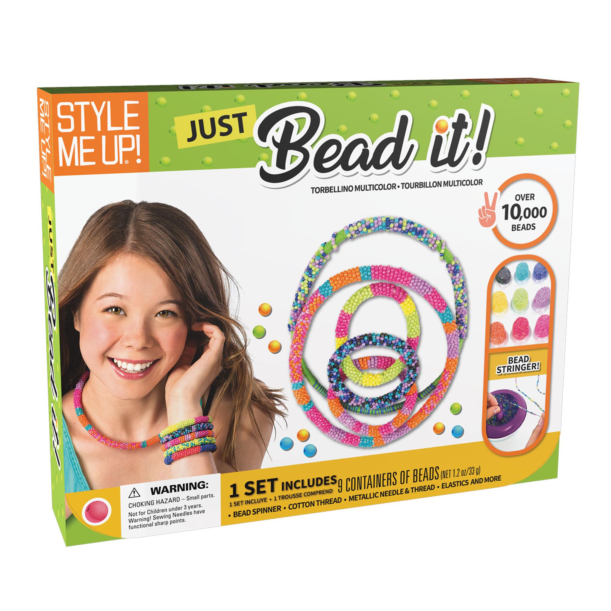 Packaging for 'Just Bead It' by SpiceBox featuring a smiling girl with bead bracelets and necklaces, and a display of bead colors and designs.