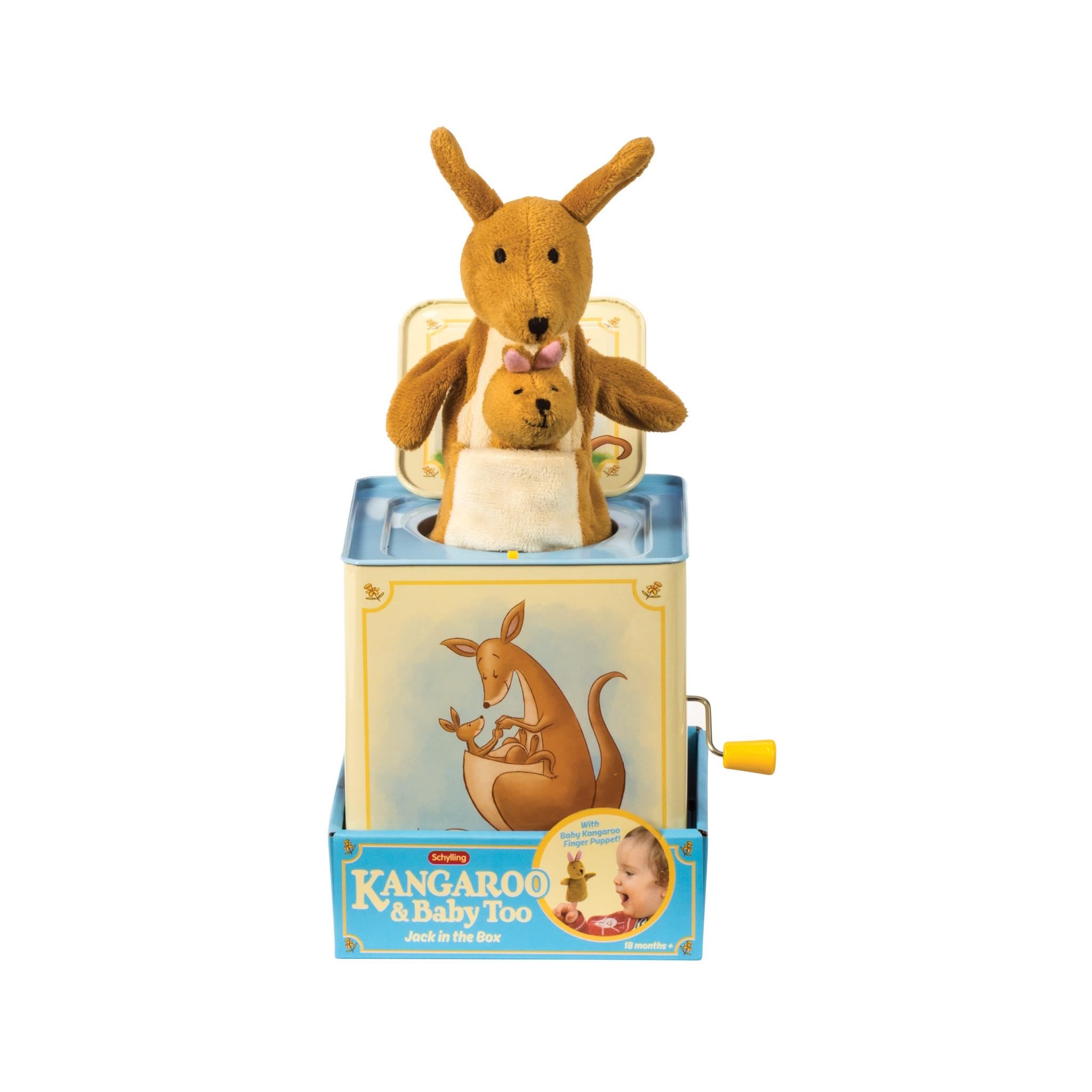 A Kangaroo Jack in the Box toy with a mother kangaroo and a baby kangaroo finger puppet inside a blue and yellow box with illustrations of the characters.