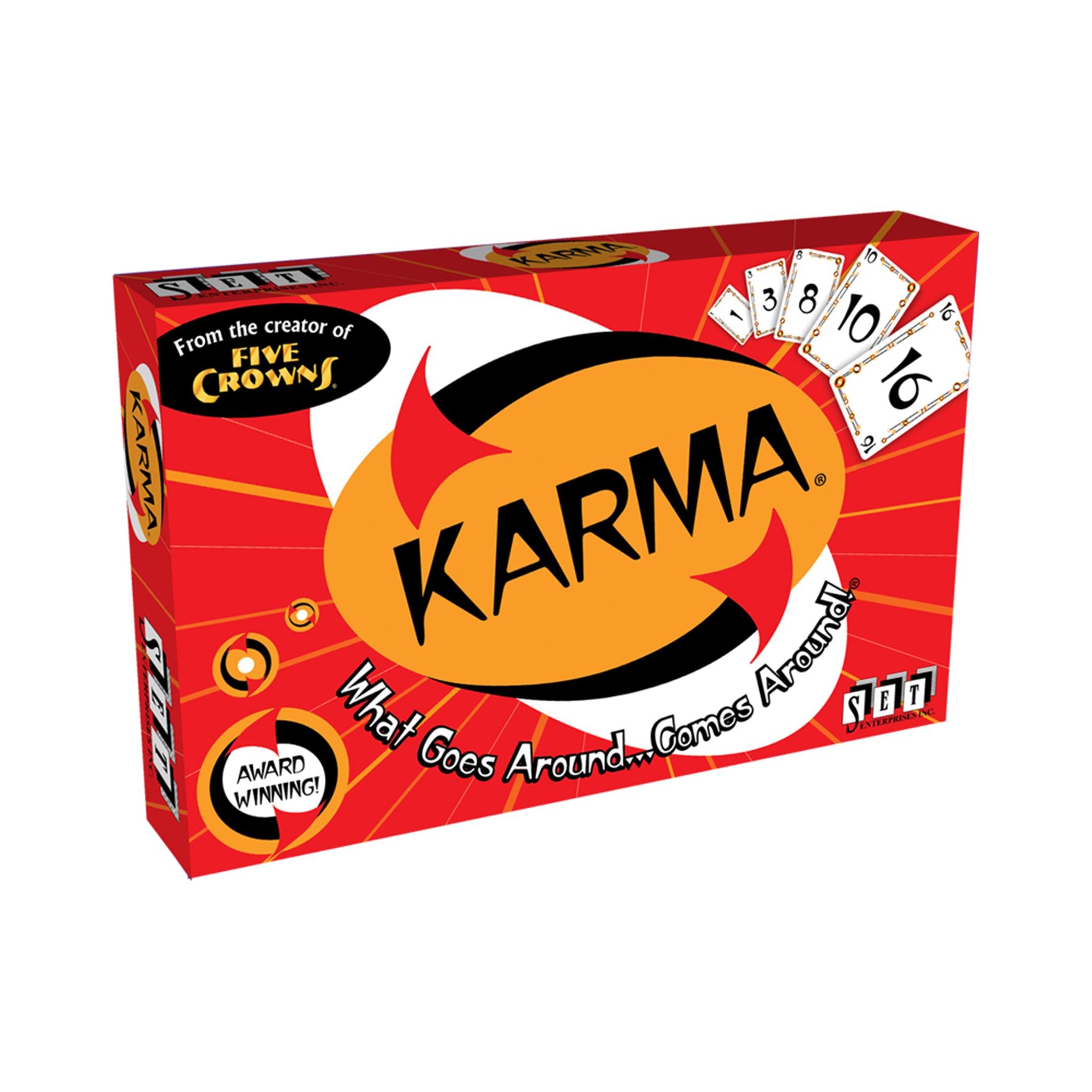 Boxed Karma Card Game featuring the game's name and a peak at the cards inside.