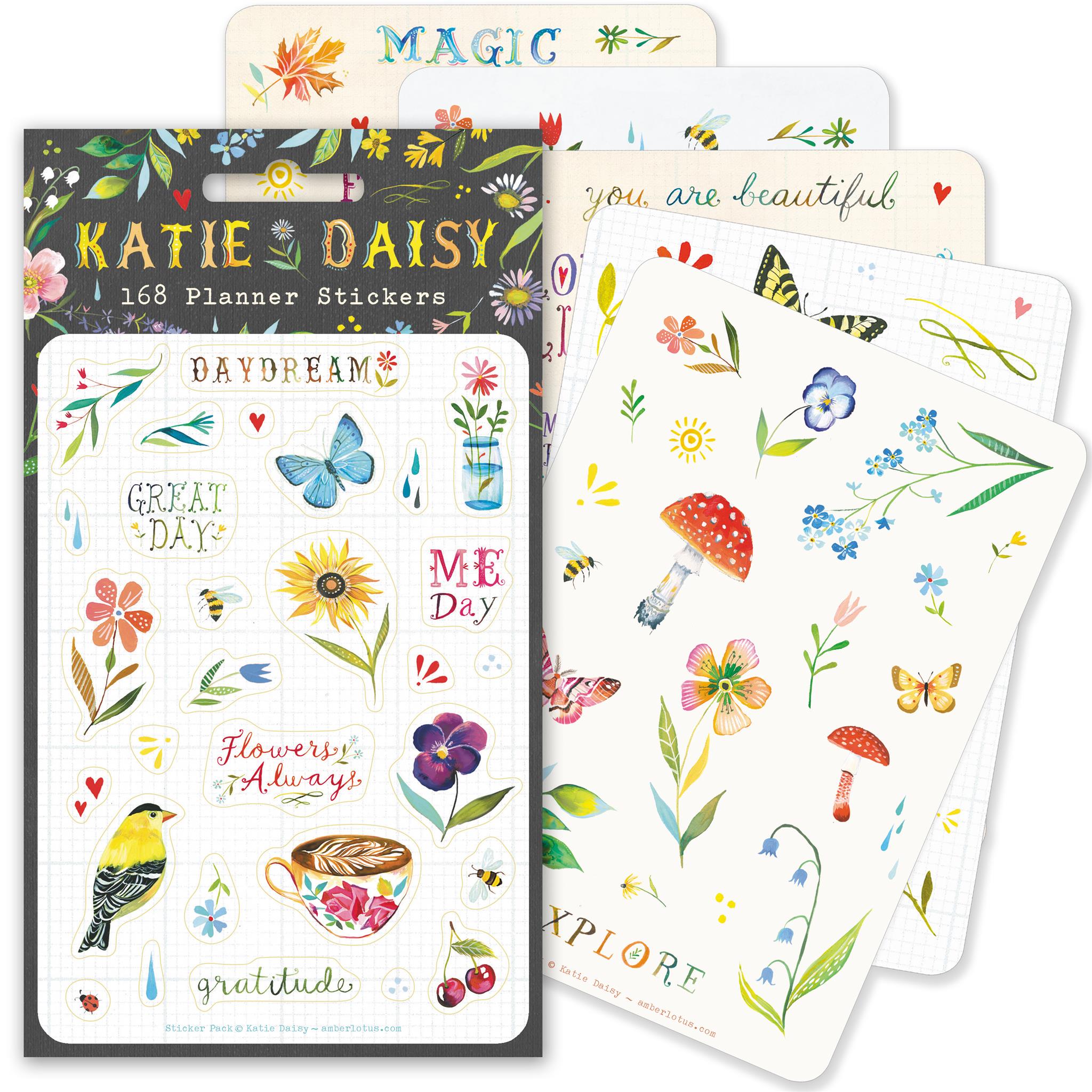 A pack of Katie Daisy stickers featuring hand-illustrated designs with flowers, butterflies, bees, and mushrooms in a variety of colors.