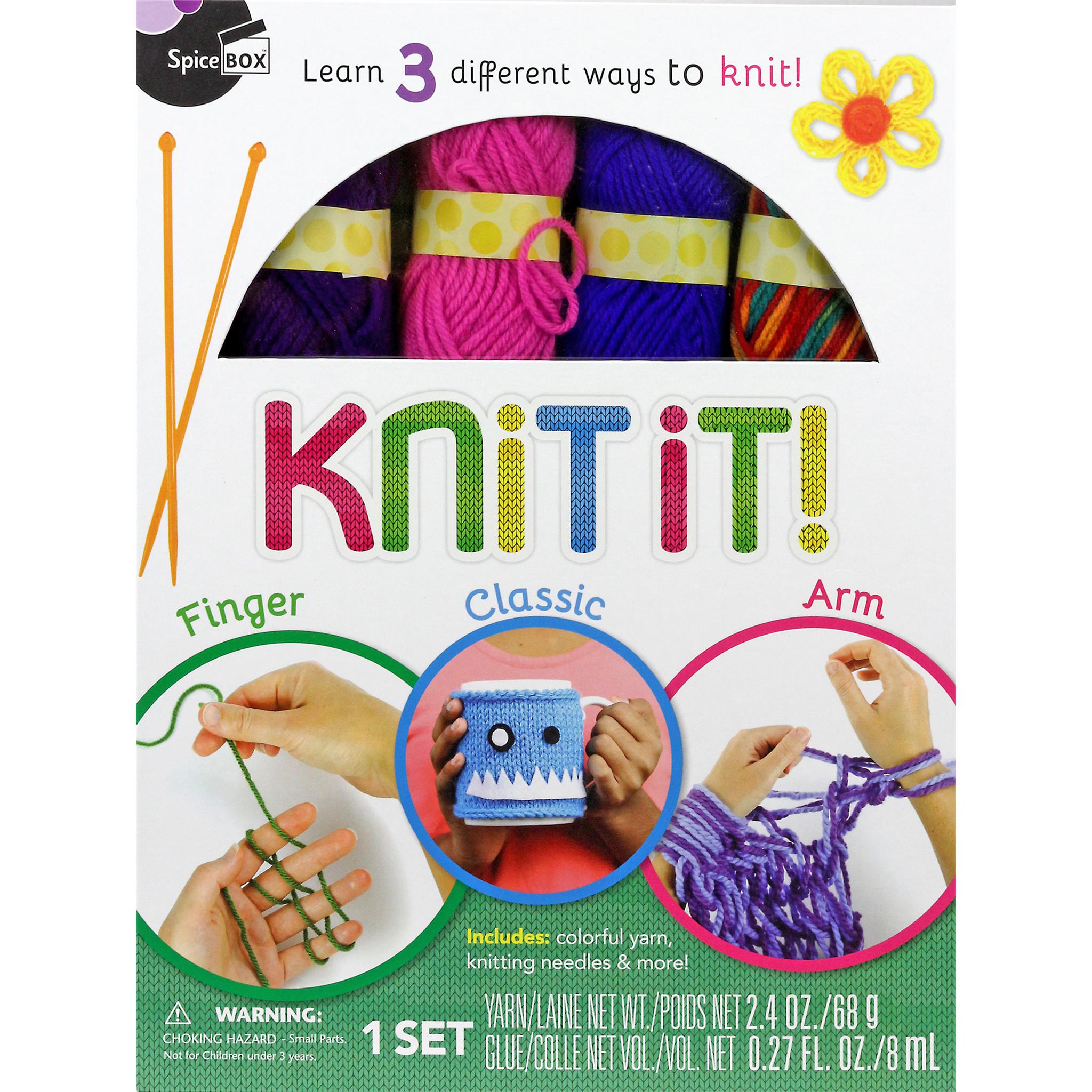 Packaging for 'Knit It' featuring images of yarn, knitting needles, and knitted items such as a scarf and a monster mug cozy, with text describing the different ways to knit using fingers, classic, and arm methods.