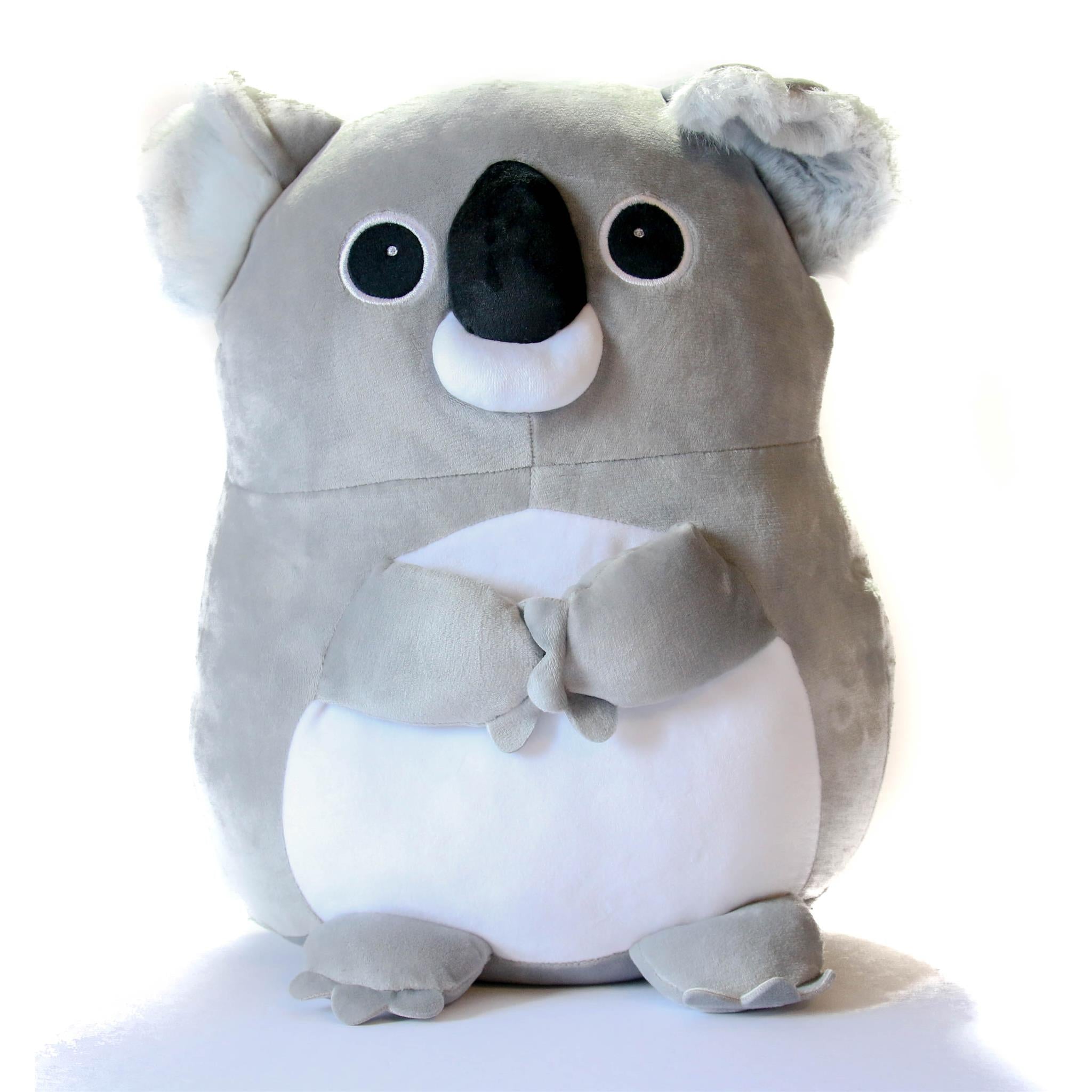 Supersoft plush toy resembling a koala with a gray body, white underbelly, and black eyes.