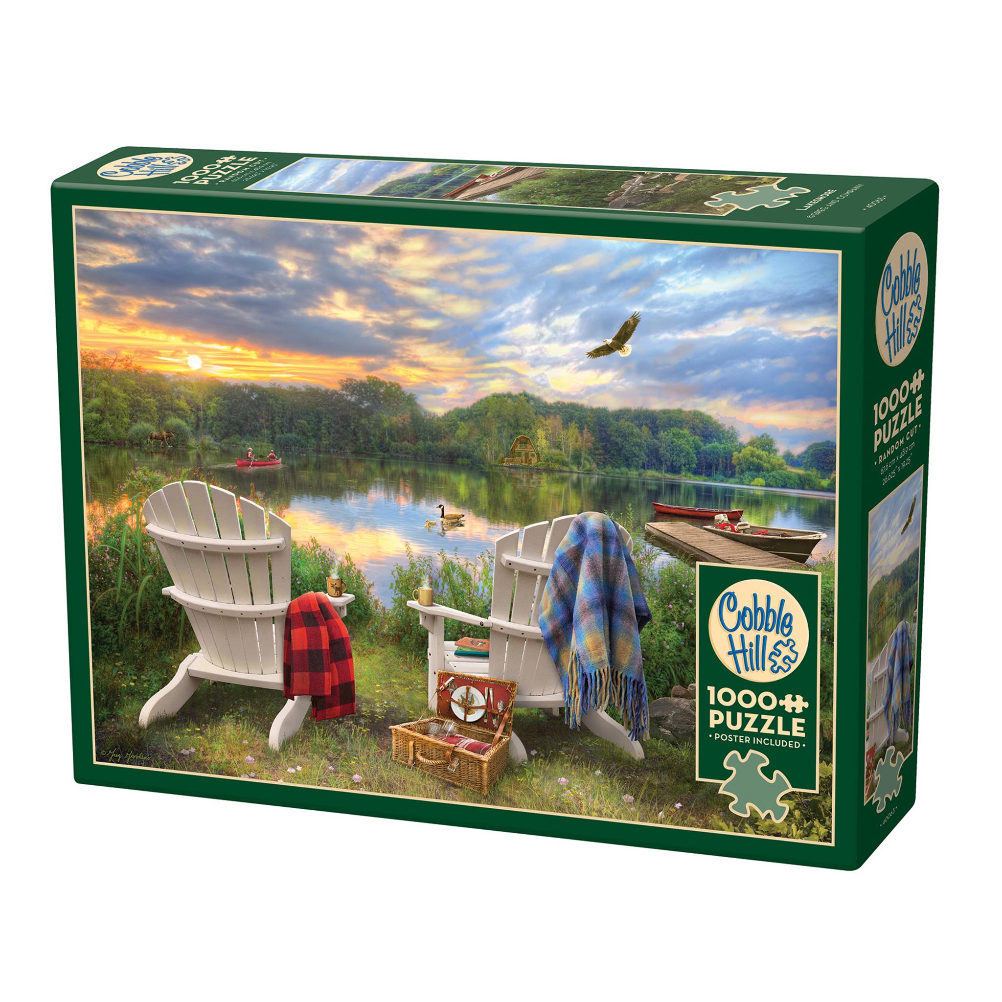 Spring at the lake. Product packaging with 2 white Muskoka chairs, teaming mugs on the arms looking out over the lake with moose, eagle, geese and fishermen enjoying themselves