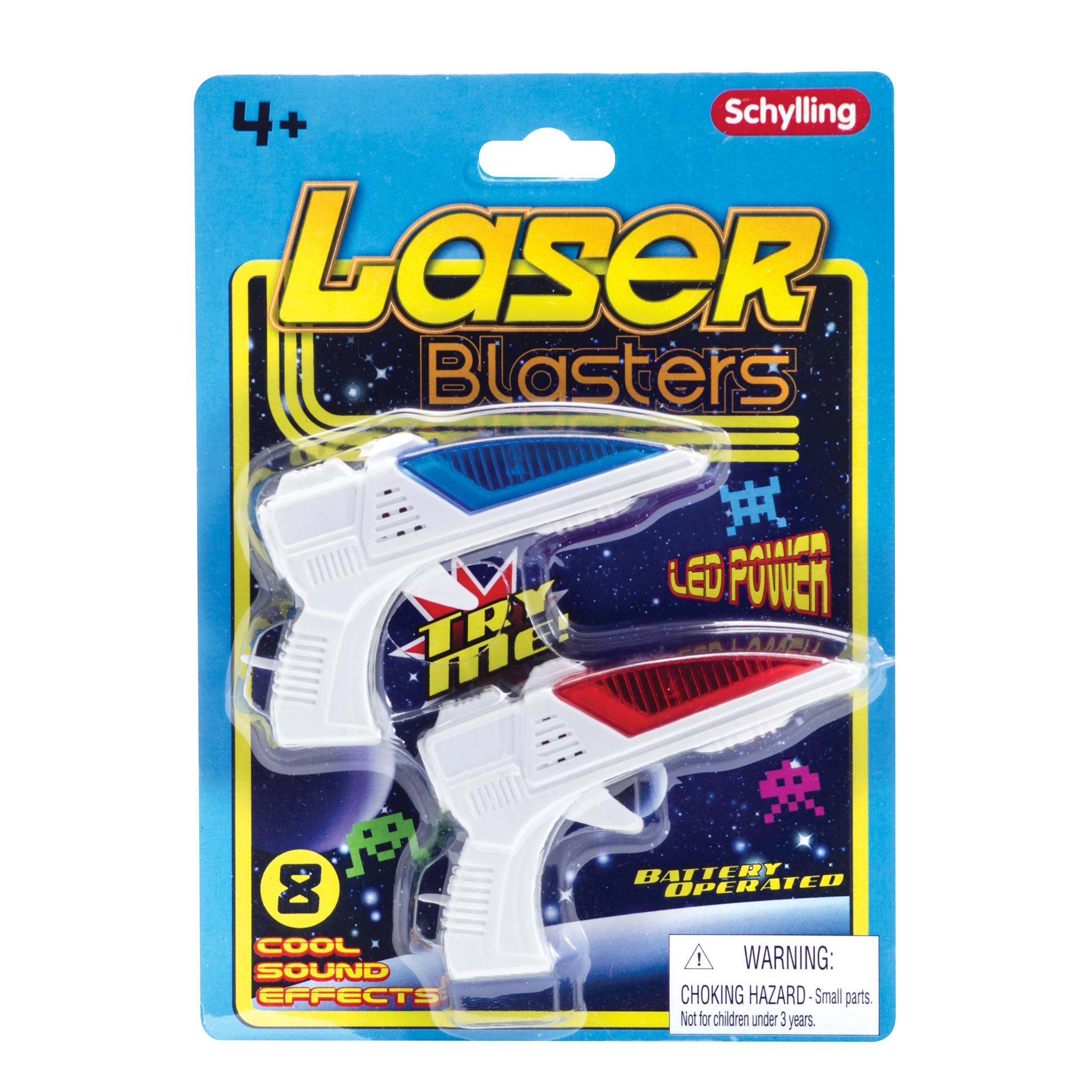 Two toy laser guns packaged in a card with 'Laser Blasters' written at the top. The package indicates the toys are suitable for ages 4 and above, and includes 8 cool sound effects.