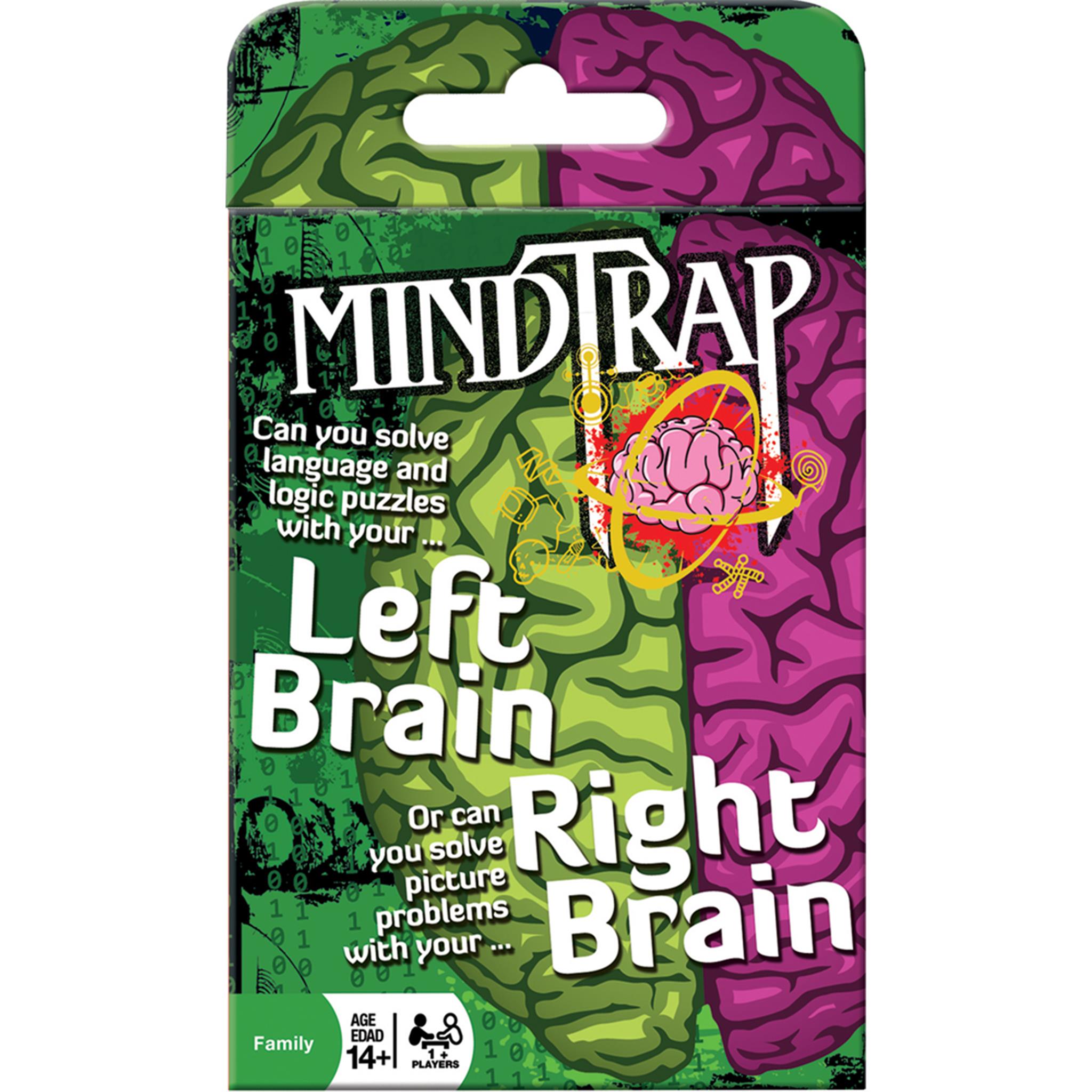 Packaging for 'MindTrap Left Brain Right Brain' card game featuring a graphic of a brain and game title on green and purple background.