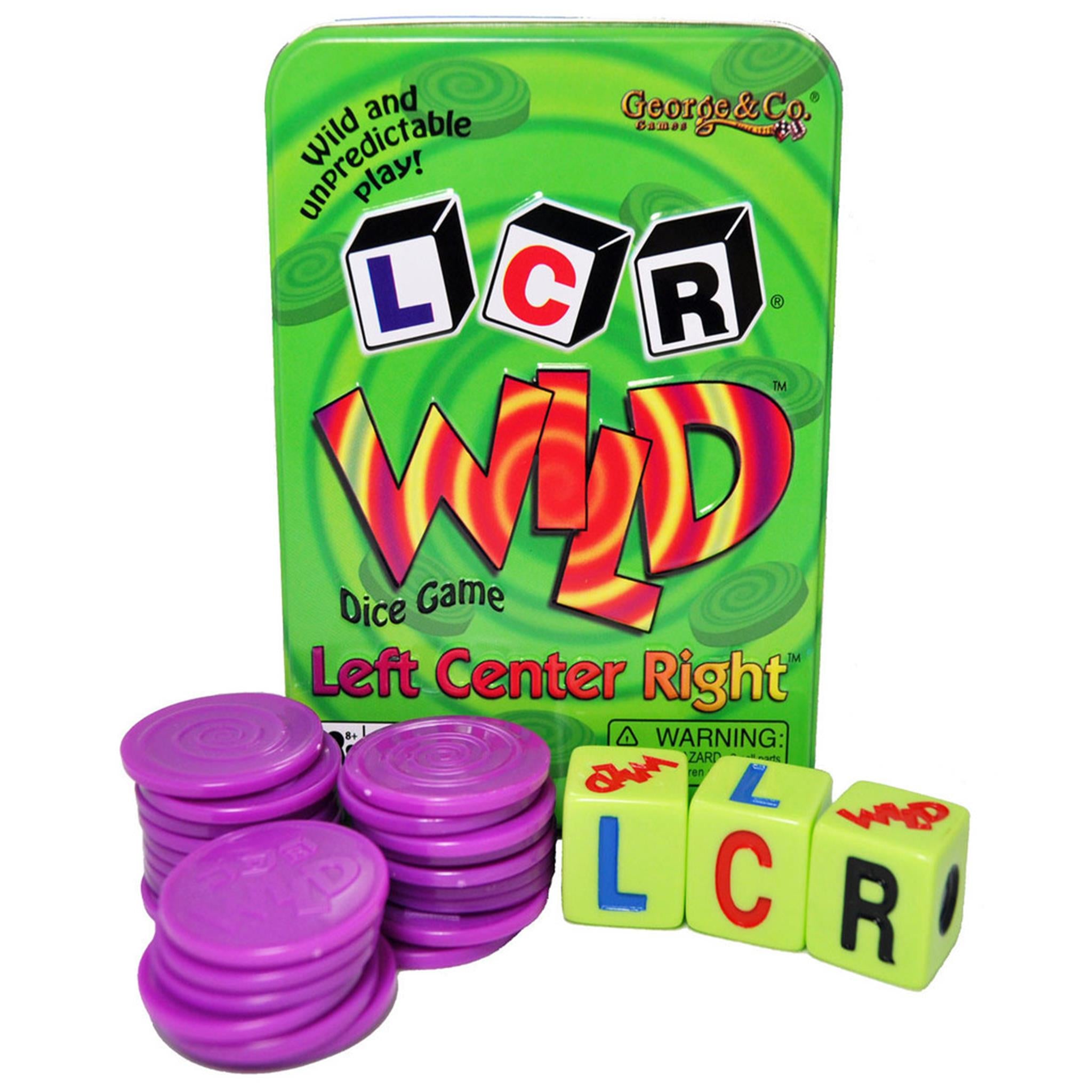 LCR Wild Dice game packaging with green background, featuring dice in left, center, and right positions, and purple game pieces. The game is designed for 3 or more players, ages 5-105.