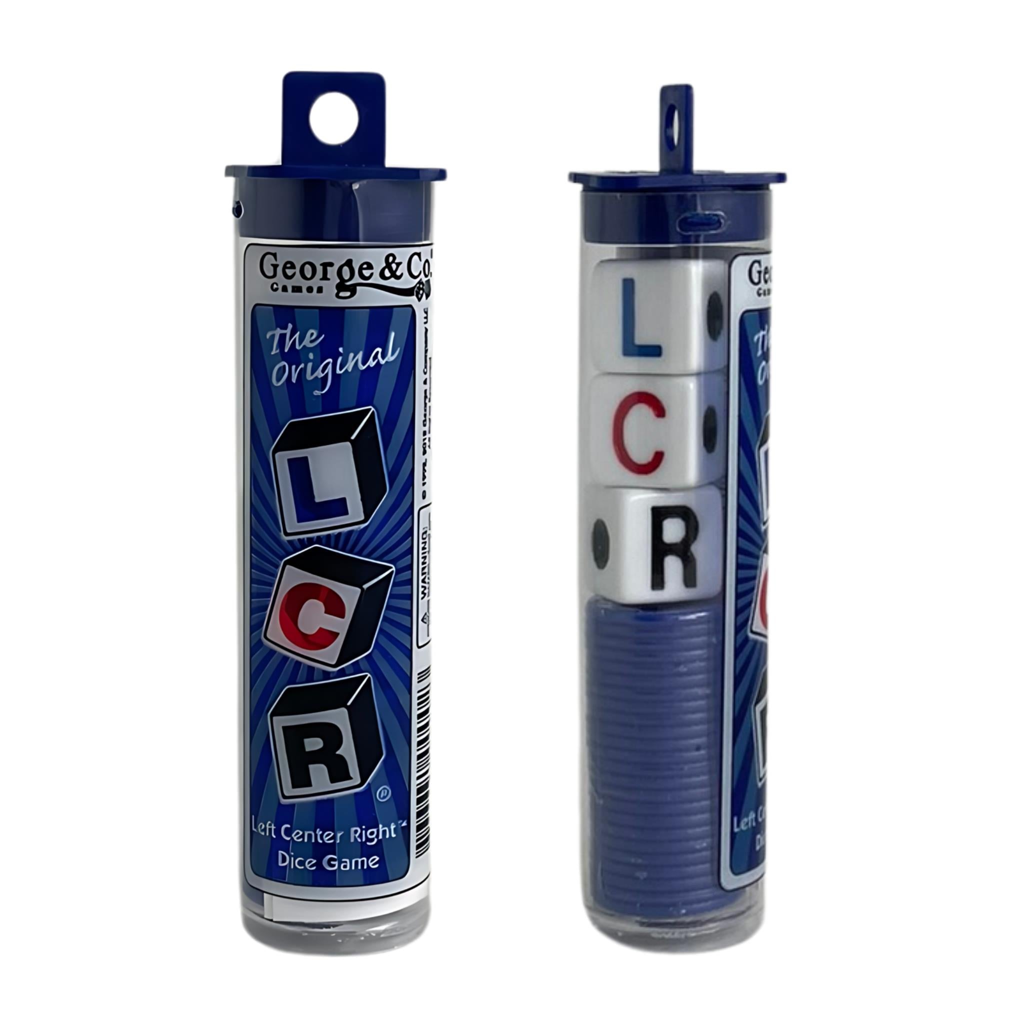 Two cylindrical containers of the Left Right Center Dice Game (LCR) with the original blue and white design featuring dice illustrations.