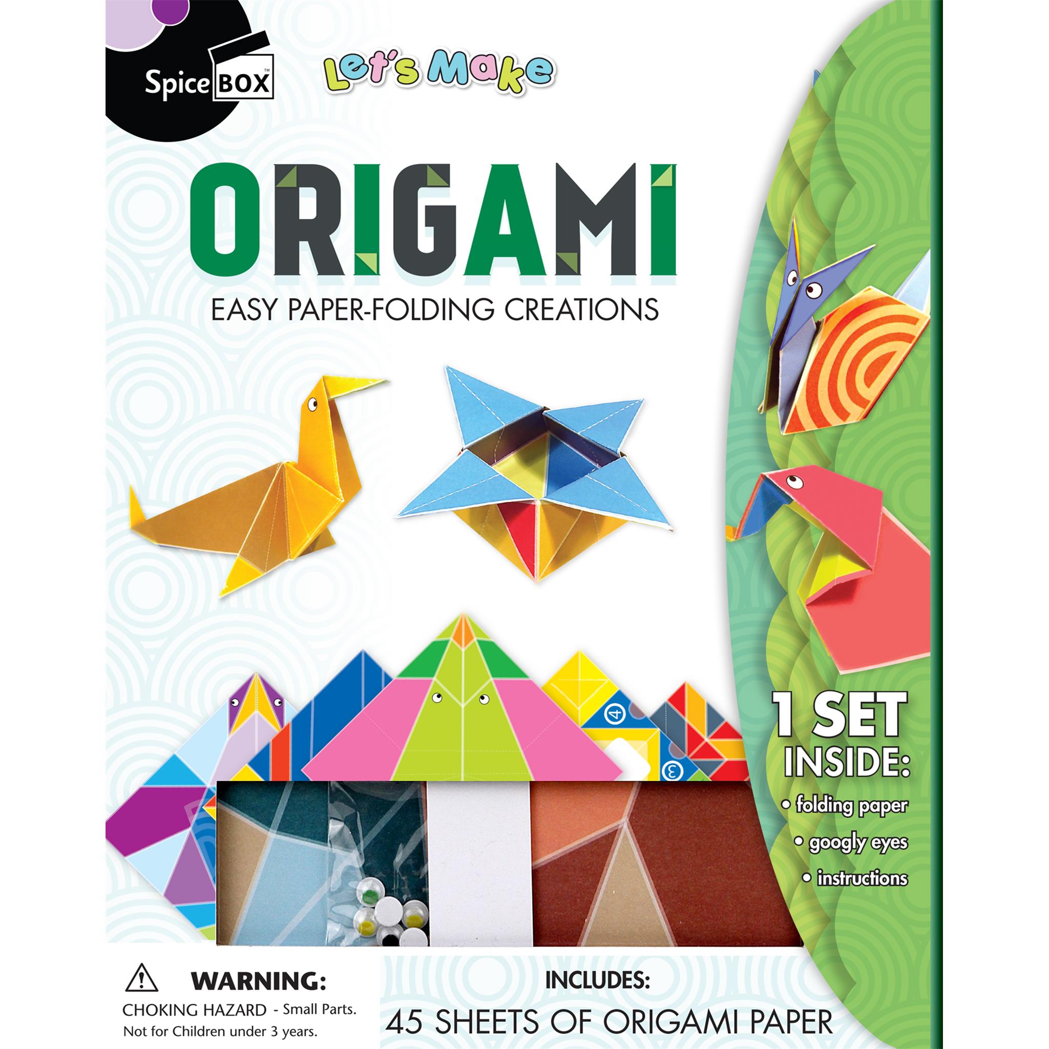 Packaging for 'Let's Make Origami Creations V2' kit by SpiceBox, featuring images of origami animals and a box of patterned paper.
