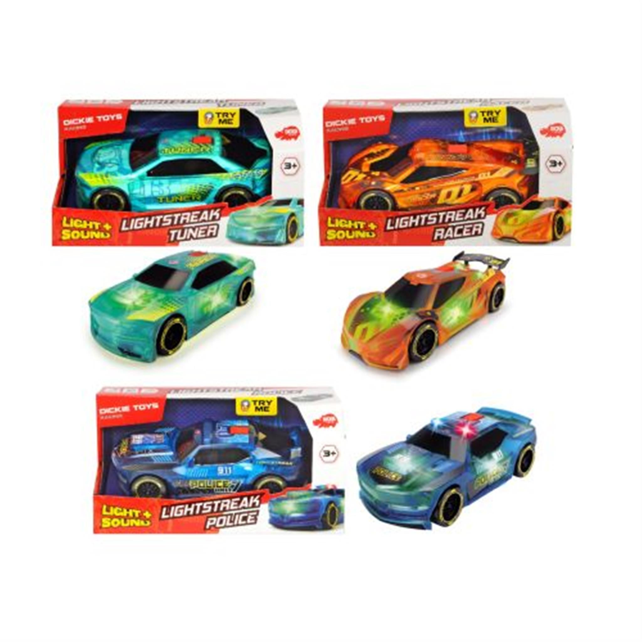 Assorted colorful toy vehicles with light and sound features, packaged in boxes.