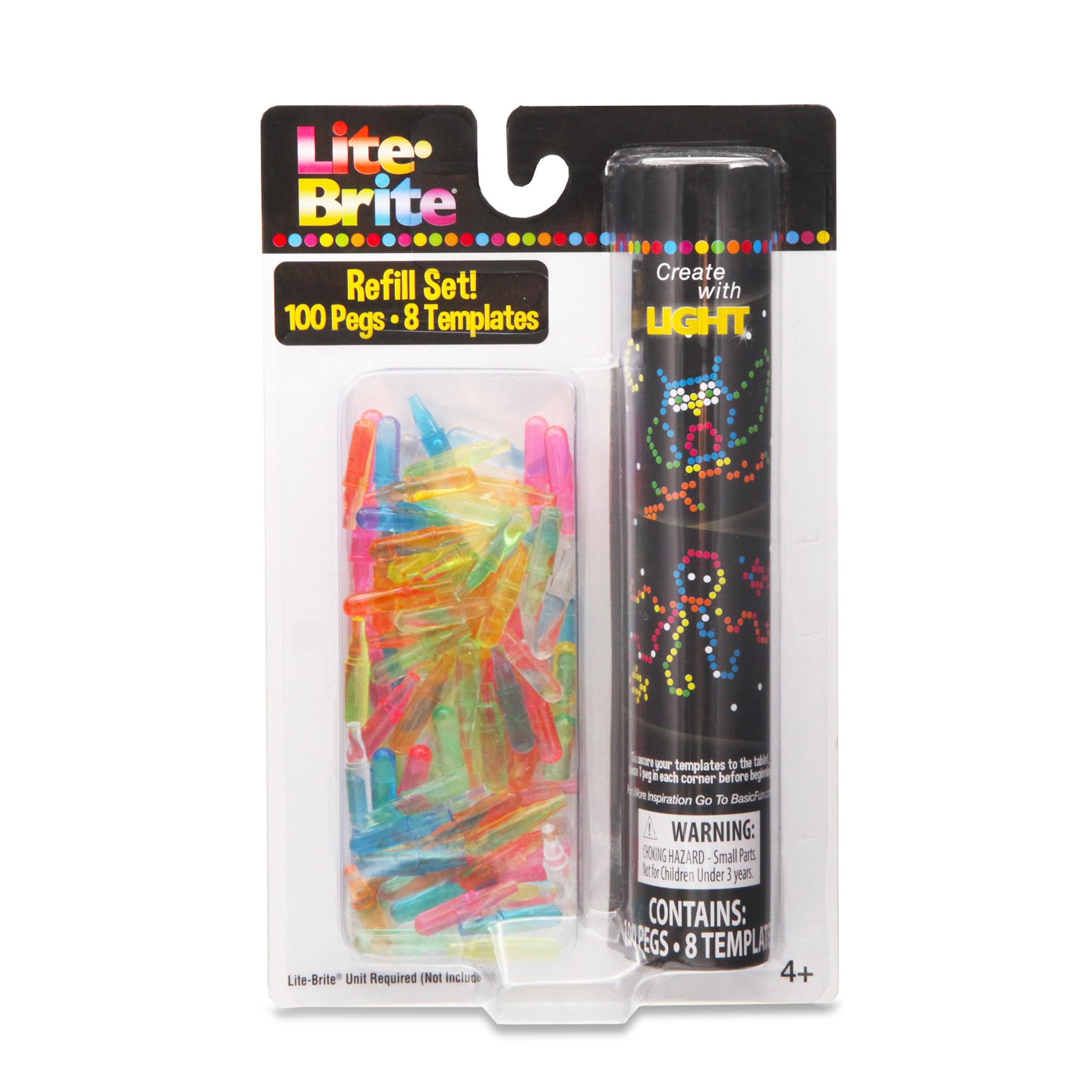 Lite Brite refill set packaging containing 100 pegs in various colors and 8 design templates.