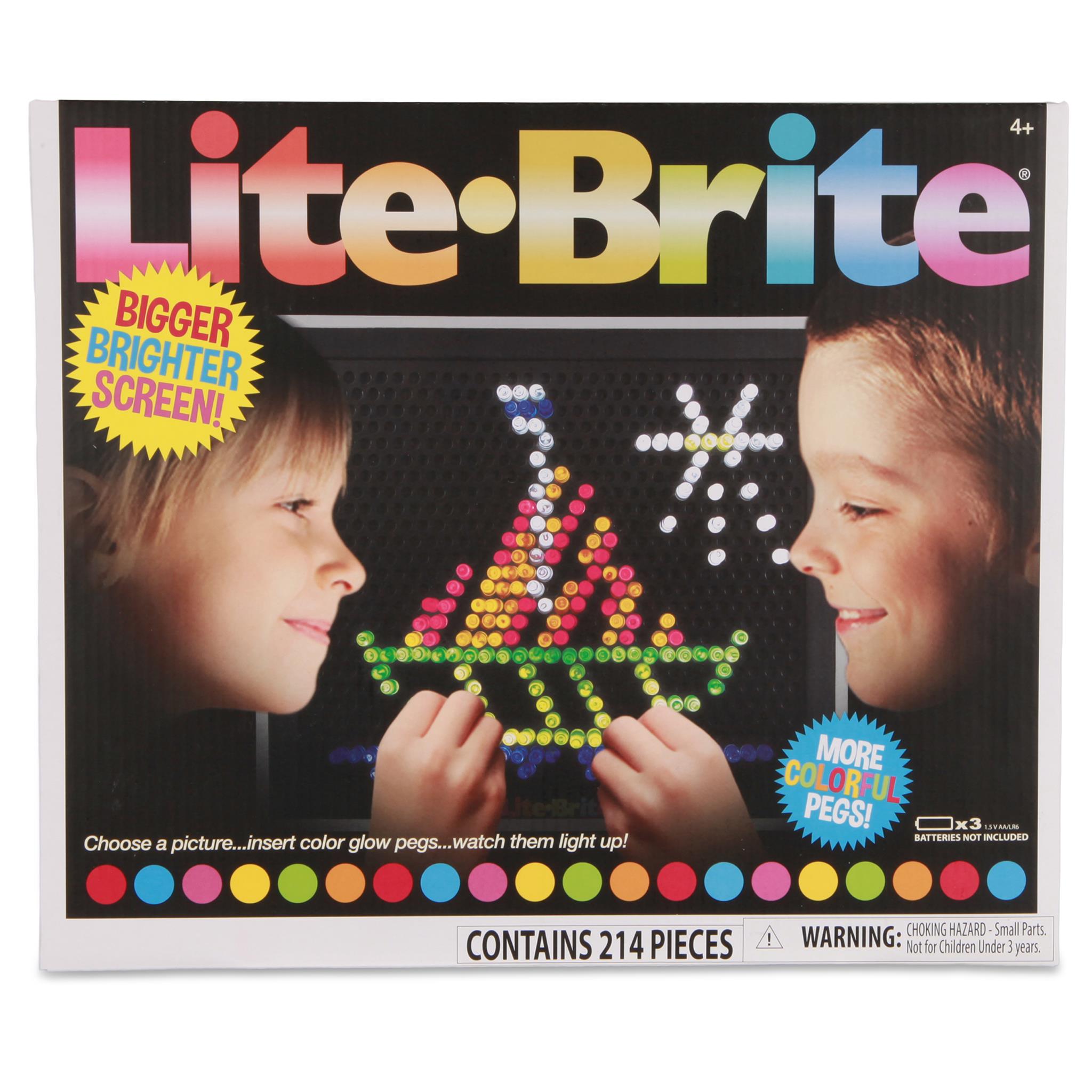 Packaging for Lite-Brite Ultimate Classic toy featuring the product with colorful pegs on a light-up board, and images of two children playing with the toy.