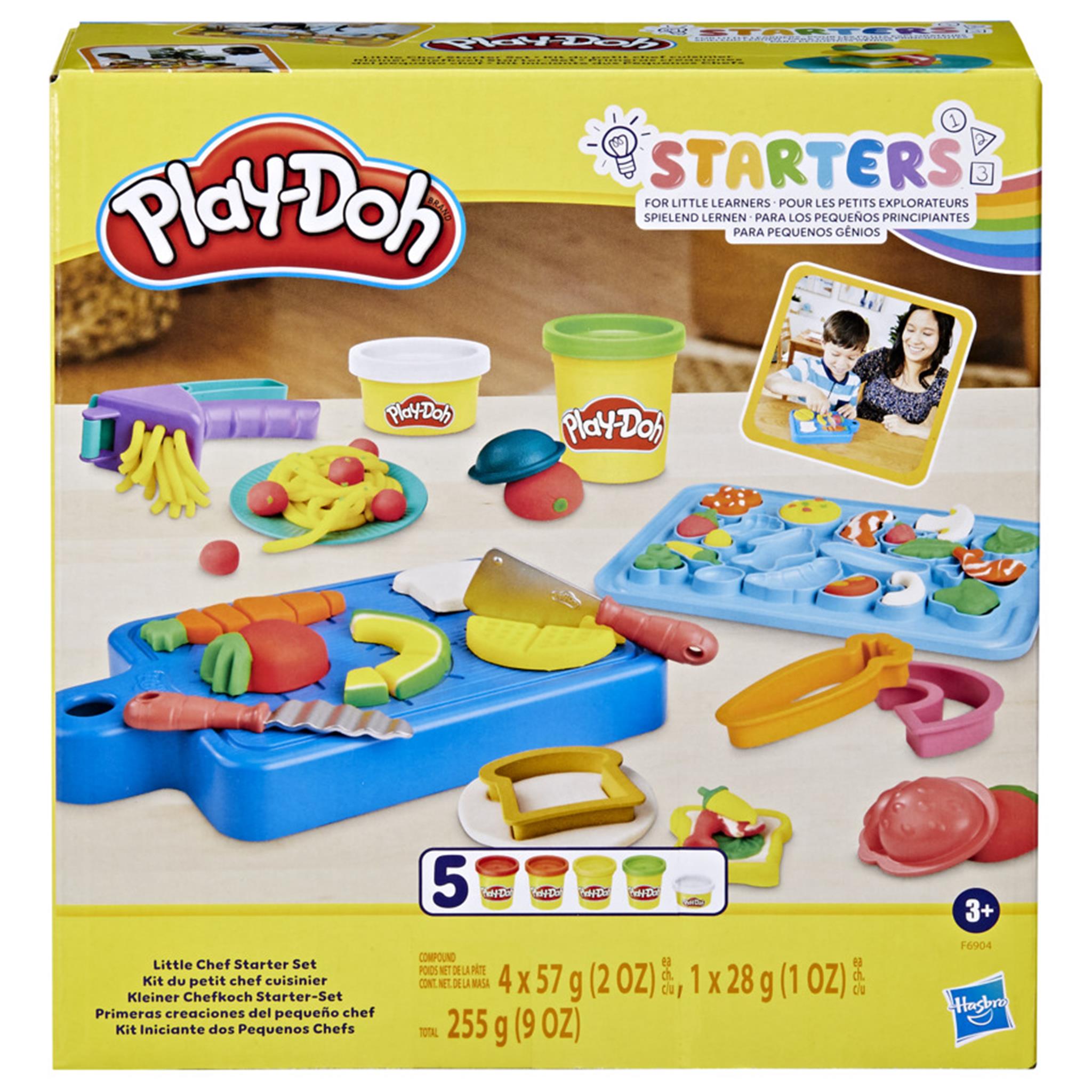 Packaging for the Play-Doh Kitchen Creations Little Chef Starter Set featuring various Play-Doh kitchen accessories and colors.