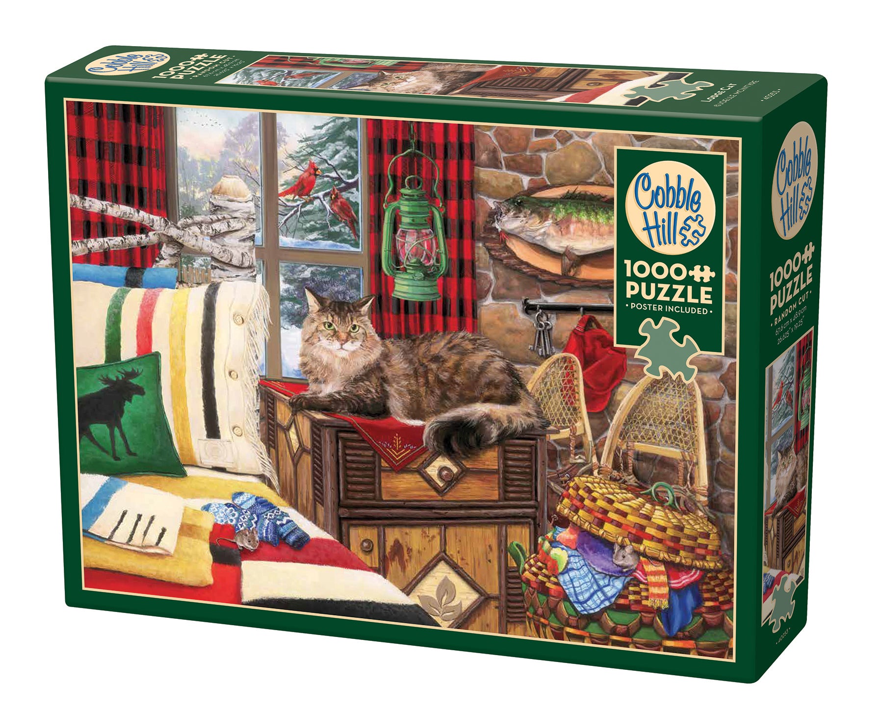 A 1000 piece Cobble Hill puzzle box featuring an illustration of a cat cozy in a cabin setting with Christmas decorations and cardinals outside.