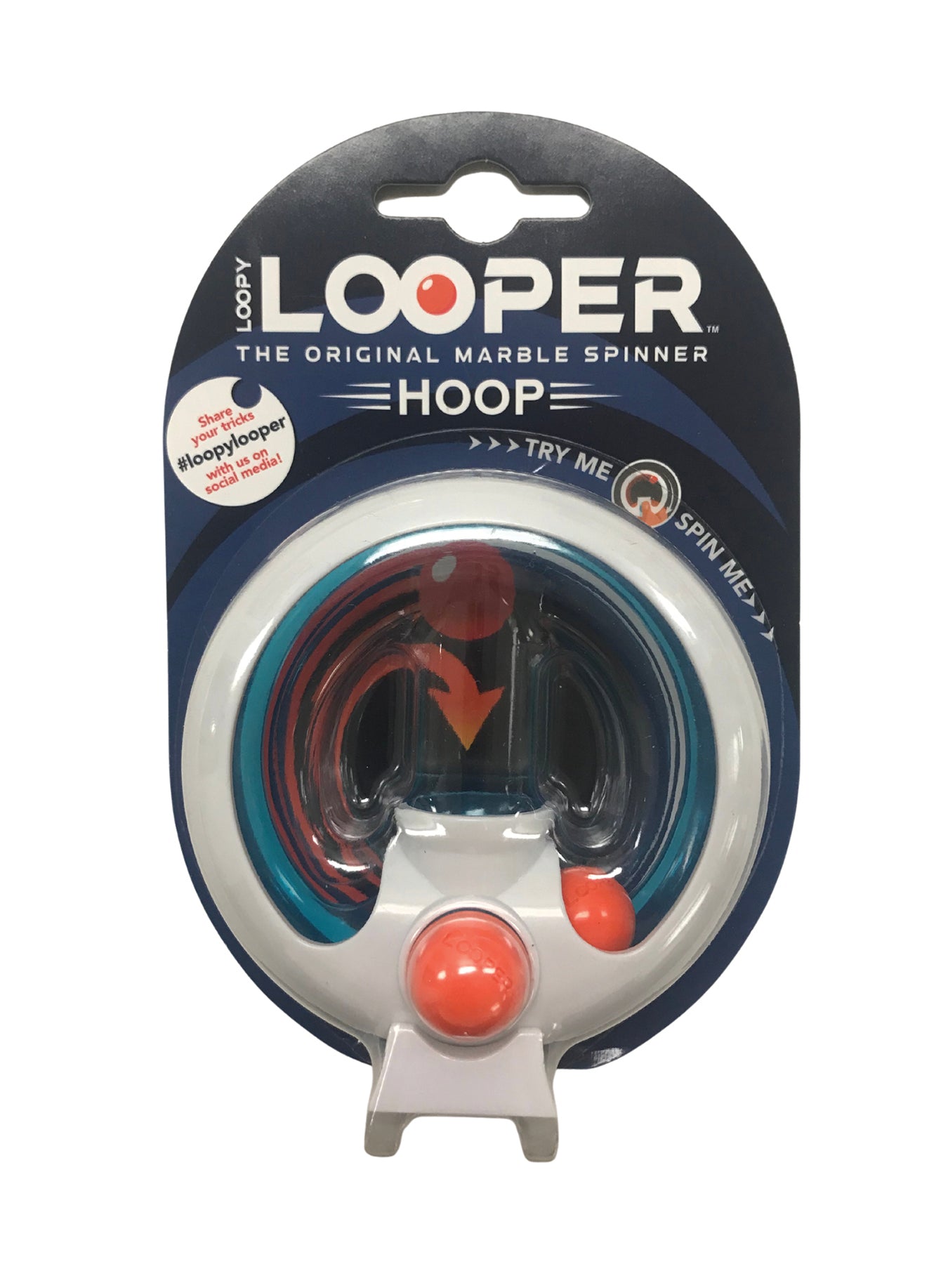 Packaged Loopy Looper Hoop Fidget Toy, featuring a red marble in motion within a clear loop with black and gray accents, displayed in its retail packaging.