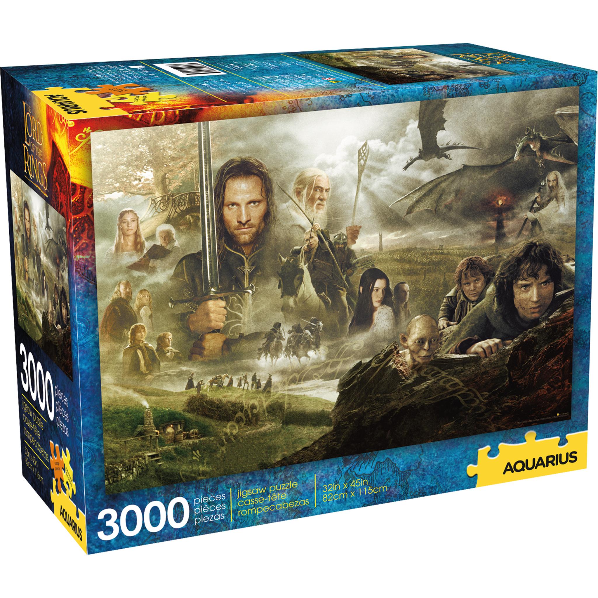 A 3000 piece jigsaw puzzle box featuring an image from the Lord of the Rings movie trilogy with multiple characters and a fantasy setting.
