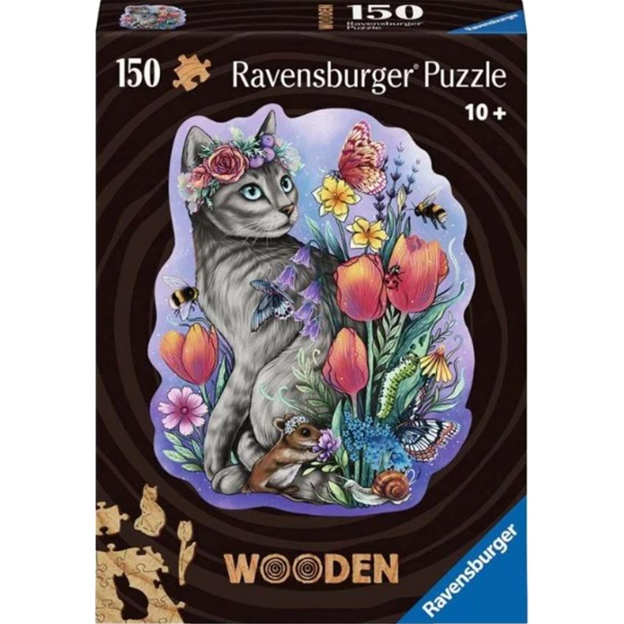 Package of a Ravensburger wooden 150 piece puzzle featuring a cat with flowers.