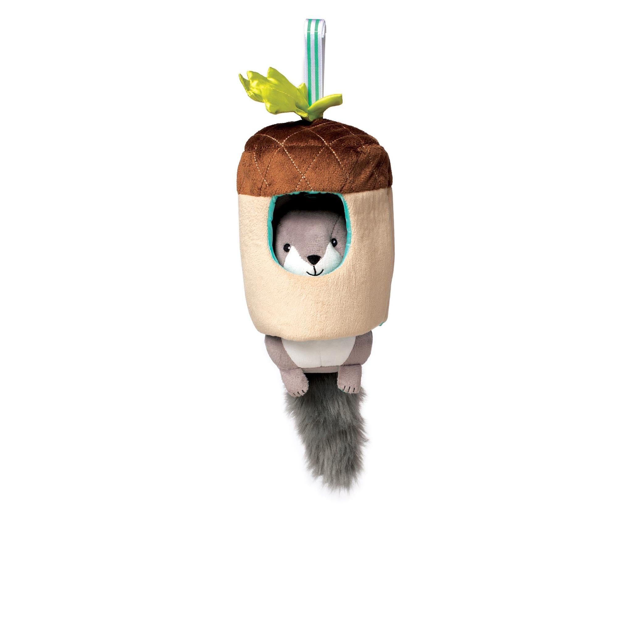 A plush musical pull toy featuring a squirrel inside an acorn-shaped container with a crinkle paper leaf.
