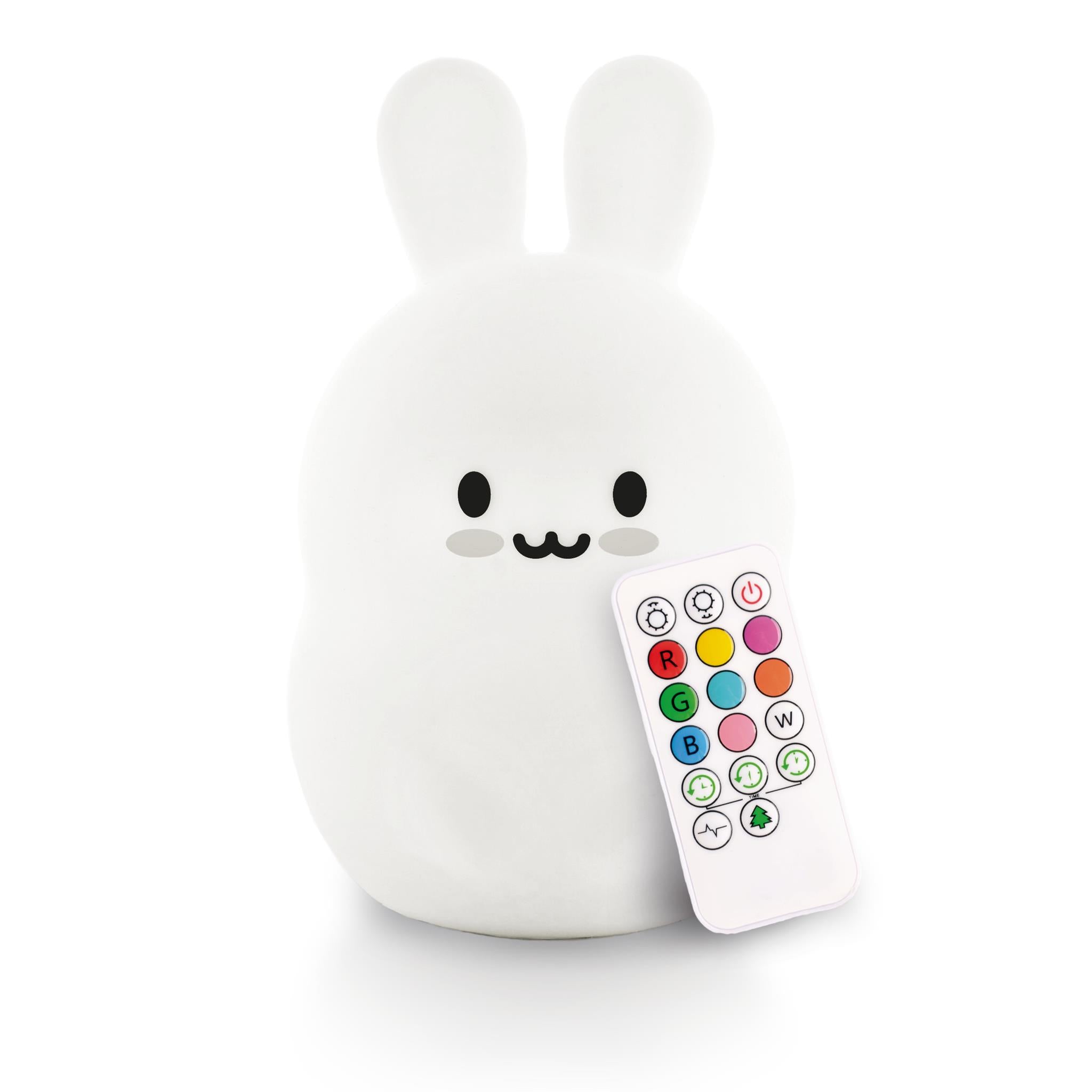 A white bunny-shaped nightlight with a remote control featuring multicolored buttons.