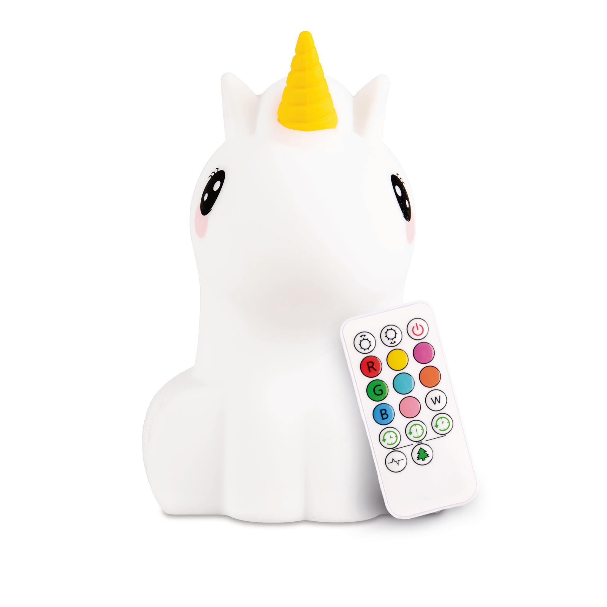 A white unicorn-shaped nightlight with a yellow horn and black eyes, accompanied by a remote control with multicolored buttons.