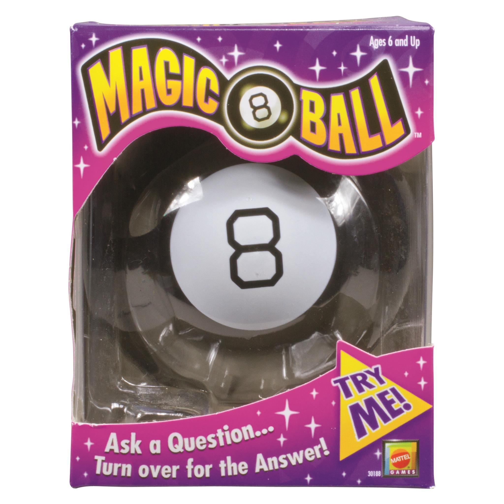 Packaged Magic 8 Ball novelty toy with a black and white design featuring the number 8, and the text 'Ask a Question.