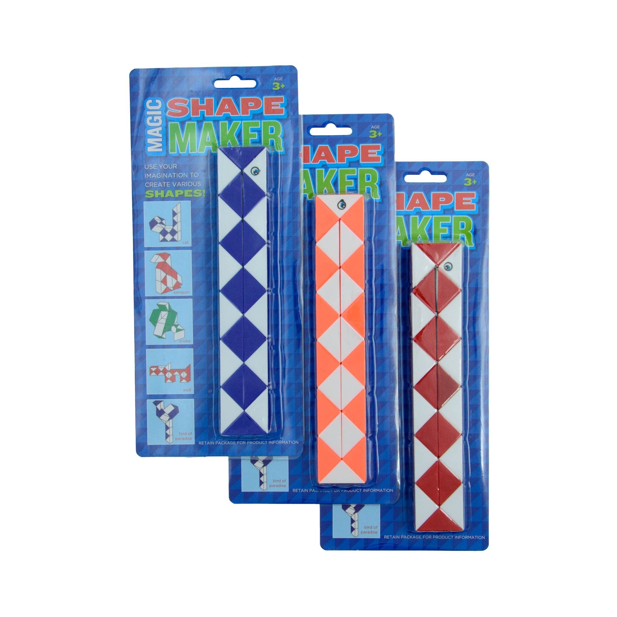 Image of three Magic Shape Maker fidget toys in blue with multicolor patterns, packaged in blue blister packaging. Each sold sparaetly