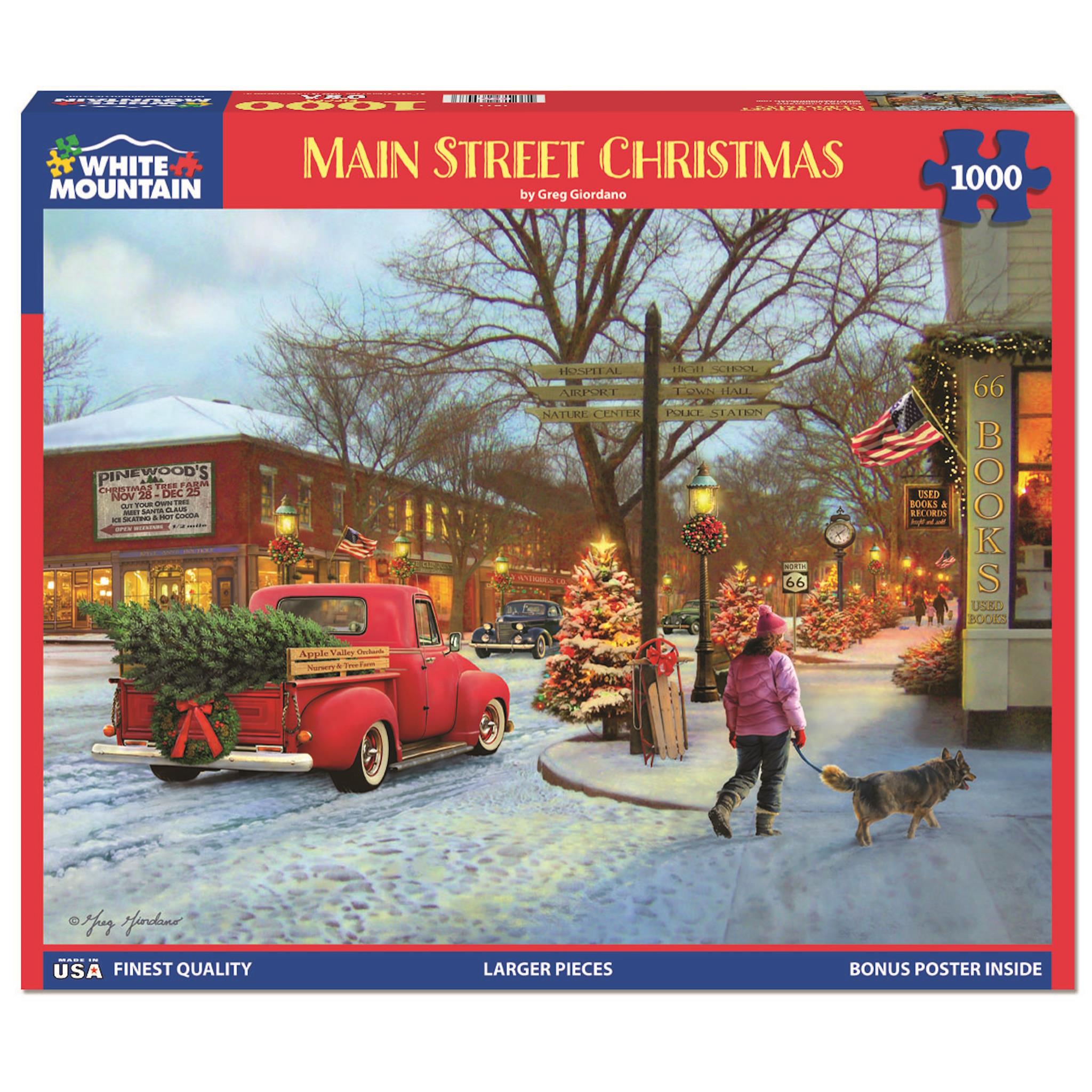 A 1000 piece jigsaw puzzle depicting a Christmas scene with a red truck, Christmas trees, and a town square.